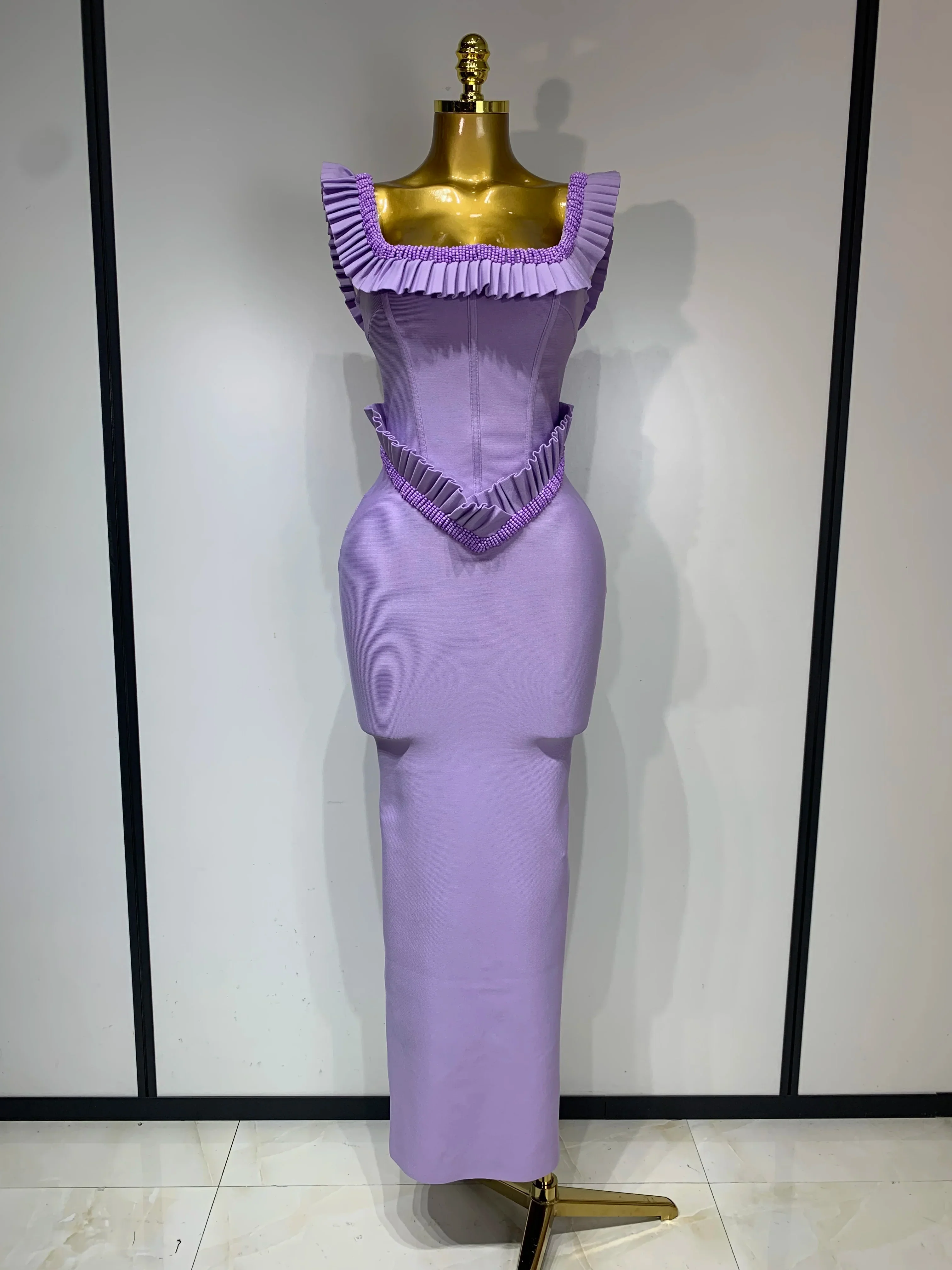 Women Sexy Square Collar Ruffles Beading Long Bodycon Bandage Dress Celebrity Elegant Evening Club Party Birthday Dress