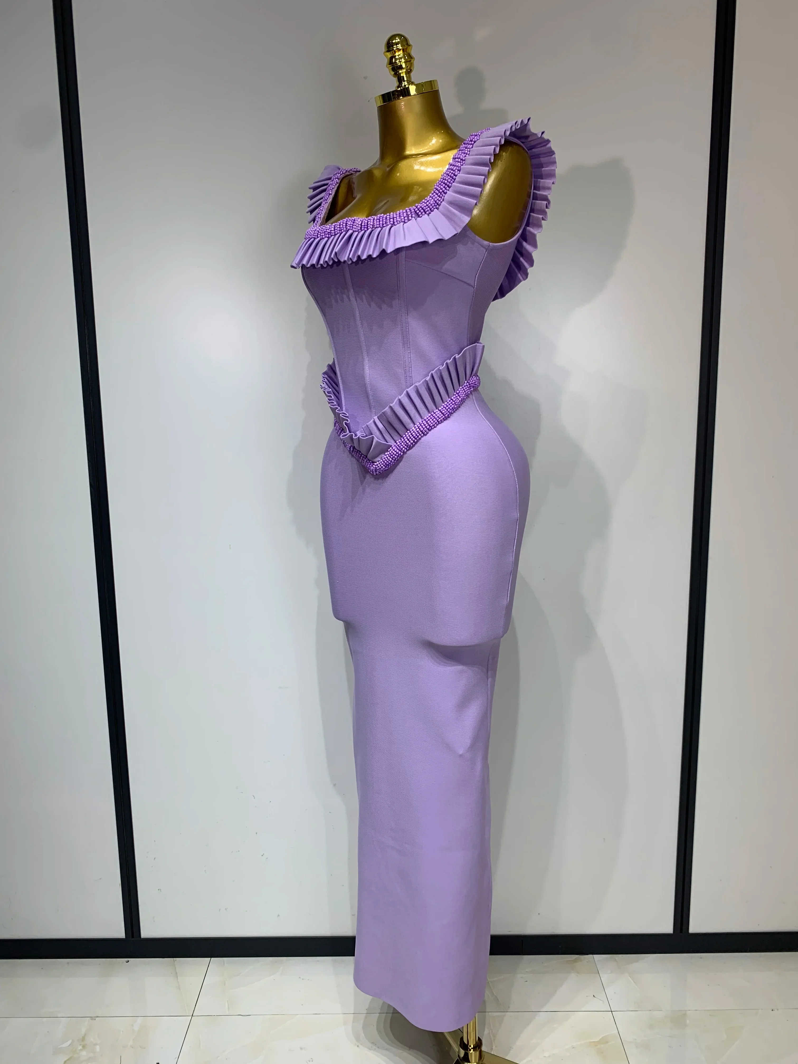 Women Sexy Square Collar Ruffles Beading Long Bodycon Bandage Dress Celebrity Elegant Evening Club Party Birthday Dress - Image 2