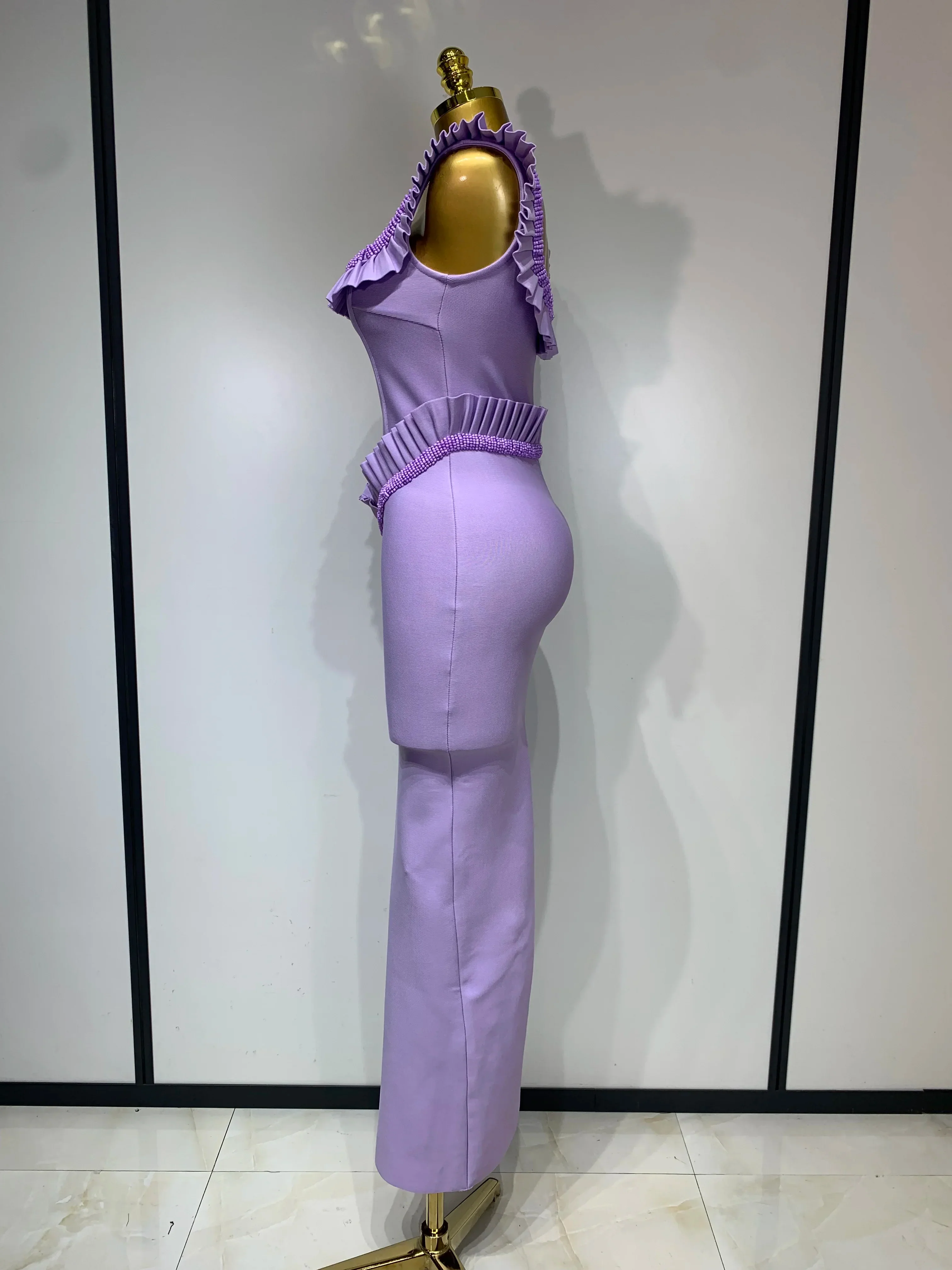 Women Sexy Square Collar Ruffles Beading Long Bodycon Bandage Dress Celebrity Elegant Evening Club Party Birthday Dress - Image 3