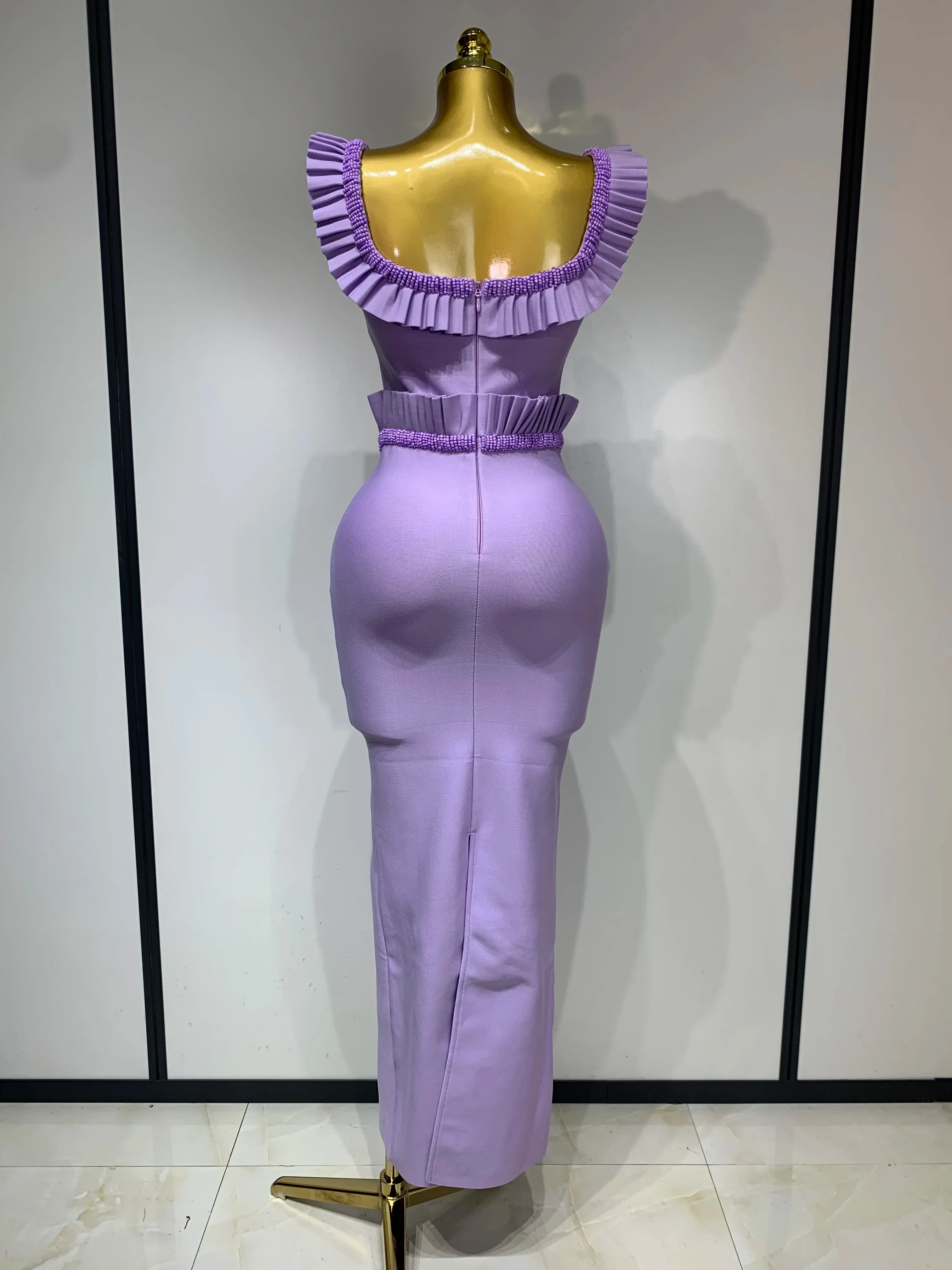Women Sexy Square Collar Ruffles Beading Long Bodycon Bandage Dress Celebrity Elegant Evening Club Party Birthday Dress - Image 4