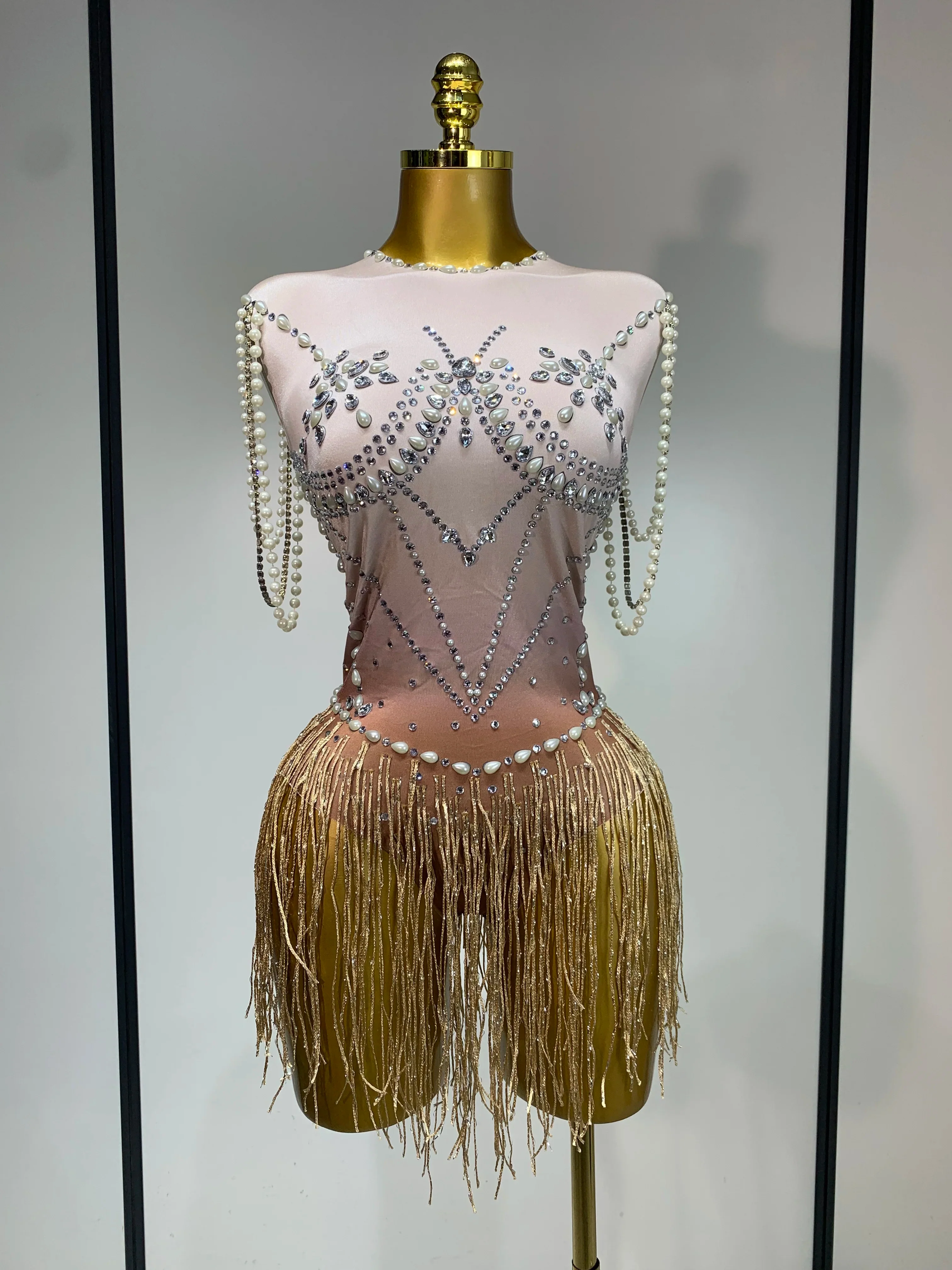 Women Sexy Stage Performance Fringe Leotard Shiny Crystal Sleeveless Tight Bodysuit Evening Party Nightclub Drag Queen Costume