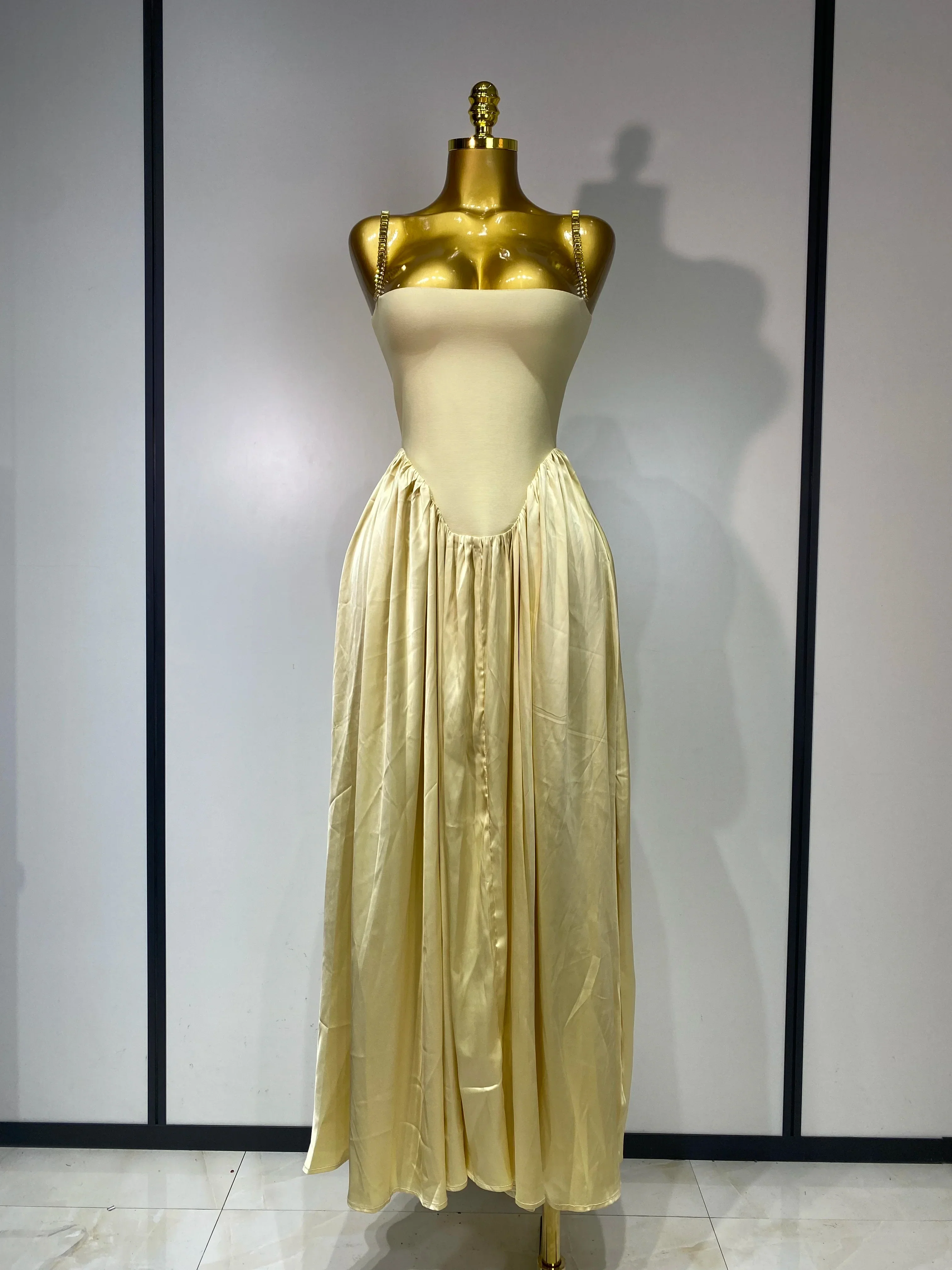 Women Sexy Strap Chain Sleeveless Long Dress Fashion Slimming Hundred Fold Dresses Elegant Evening Party Wedding Guest Gowns