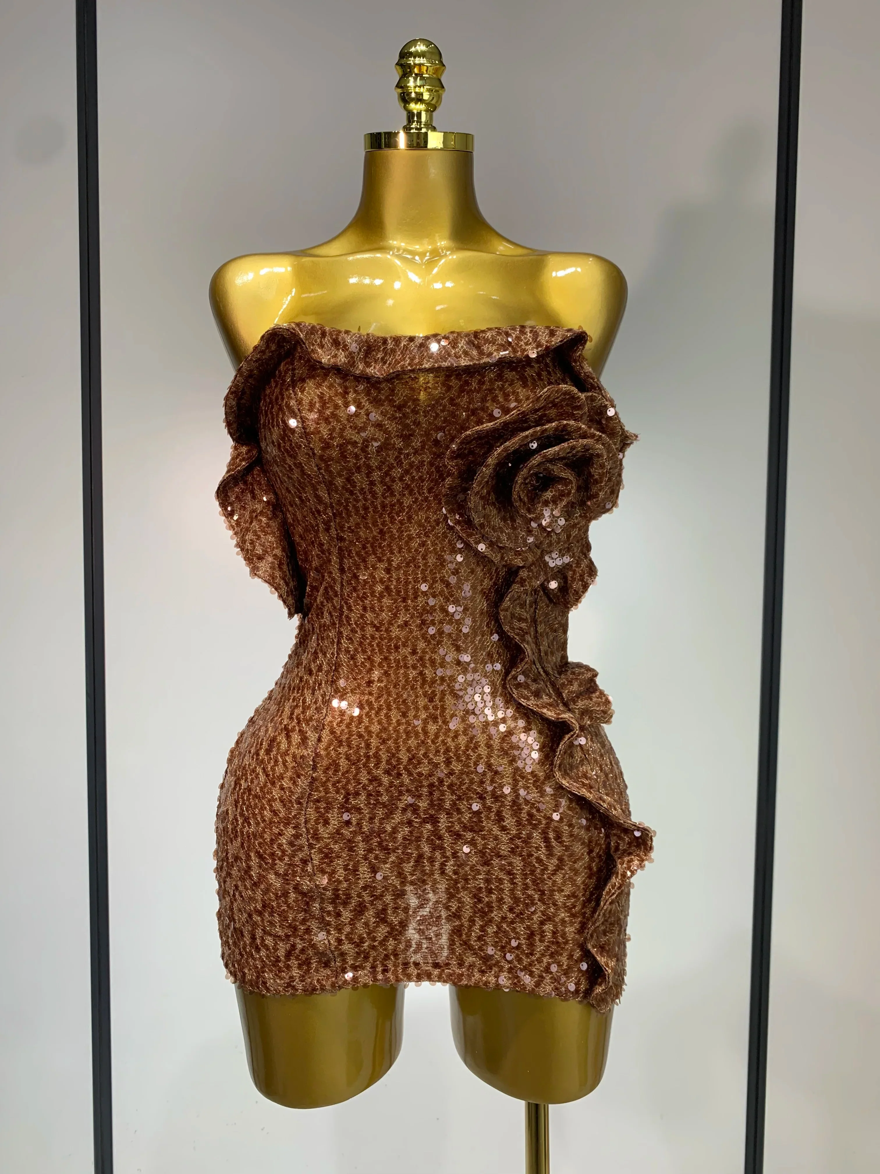 Women Sexy Strapless Backless Brown Sequins Mini Dress Celebrity Elegant Evening Party Club Luxury Birthday Guest Gown