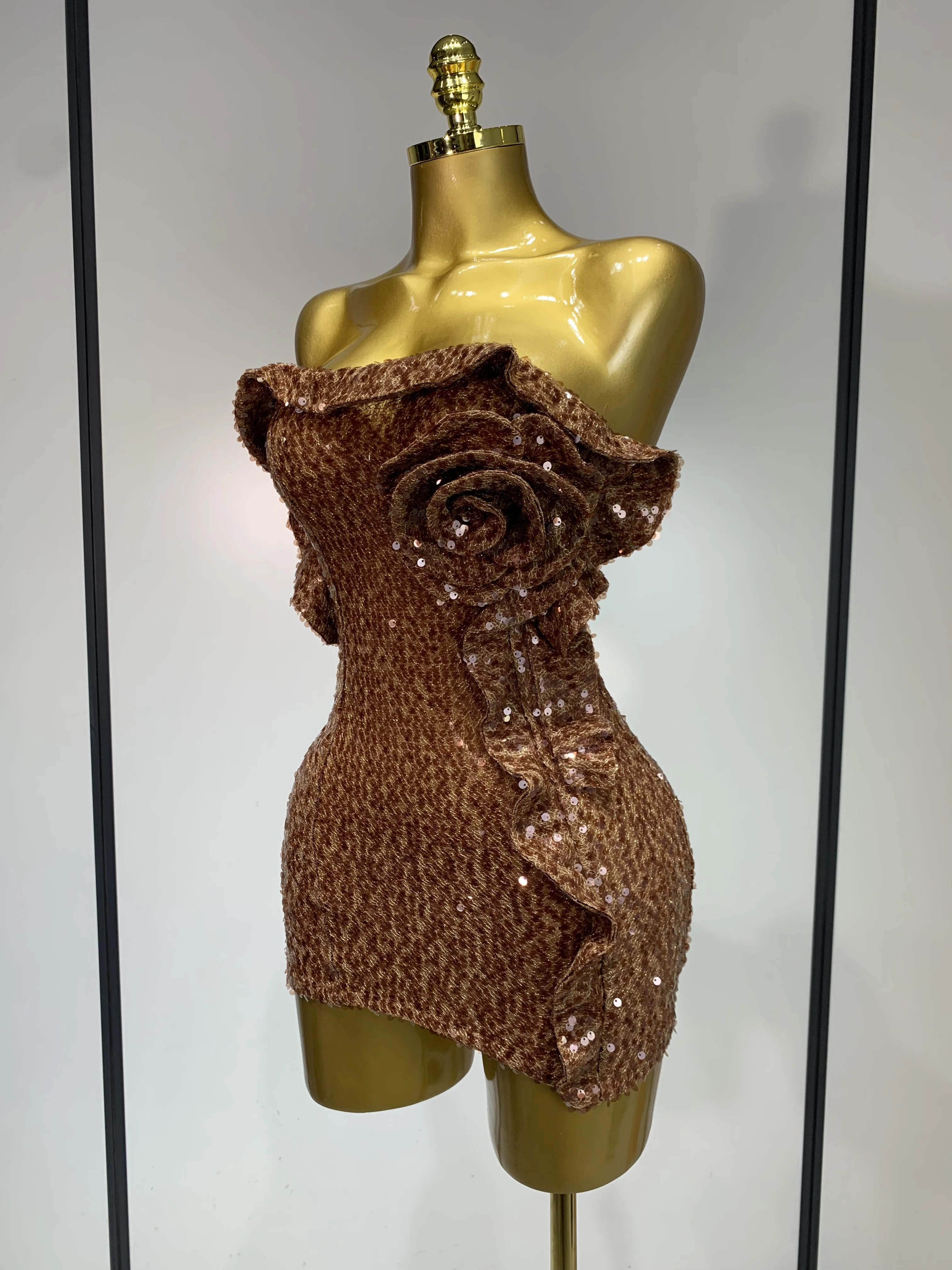 Women Sexy Strapless Backless Brown Sequins Mini Dress Celebrity Elegant Evening Party Club Luxury Birthday Guest Gown - Image 2