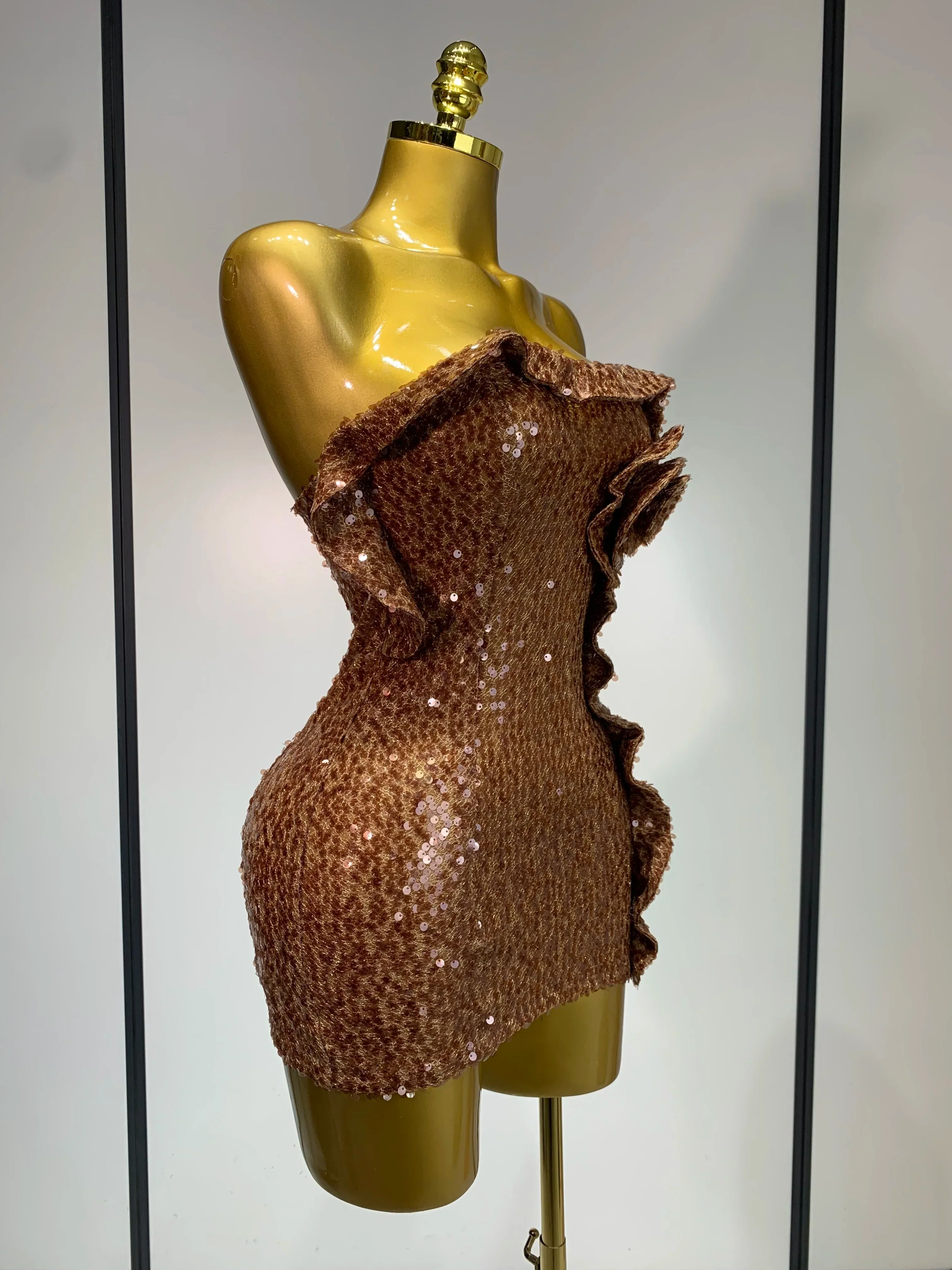 Women Sexy Strapless Backless Brown Sequins Mini Dress Celebrity Elegant Evening Party Club Luxury Birthday Guest Gown - Image 3