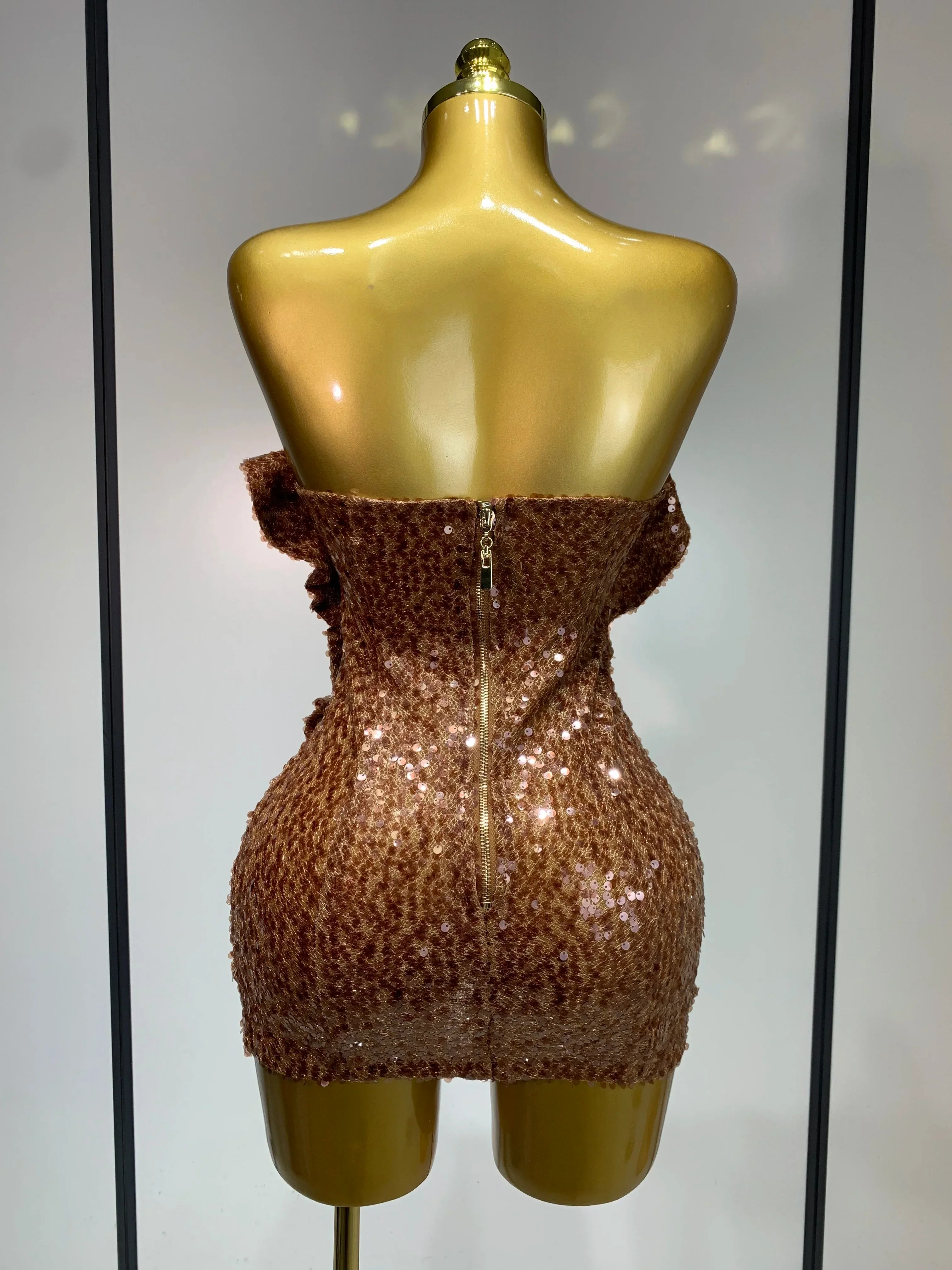 Women Sexy Strapless Backless Brown Sequins Mini Dress Celebrity Elegant Evening Party Club Luxury Birthday Guest Gown - Image 4