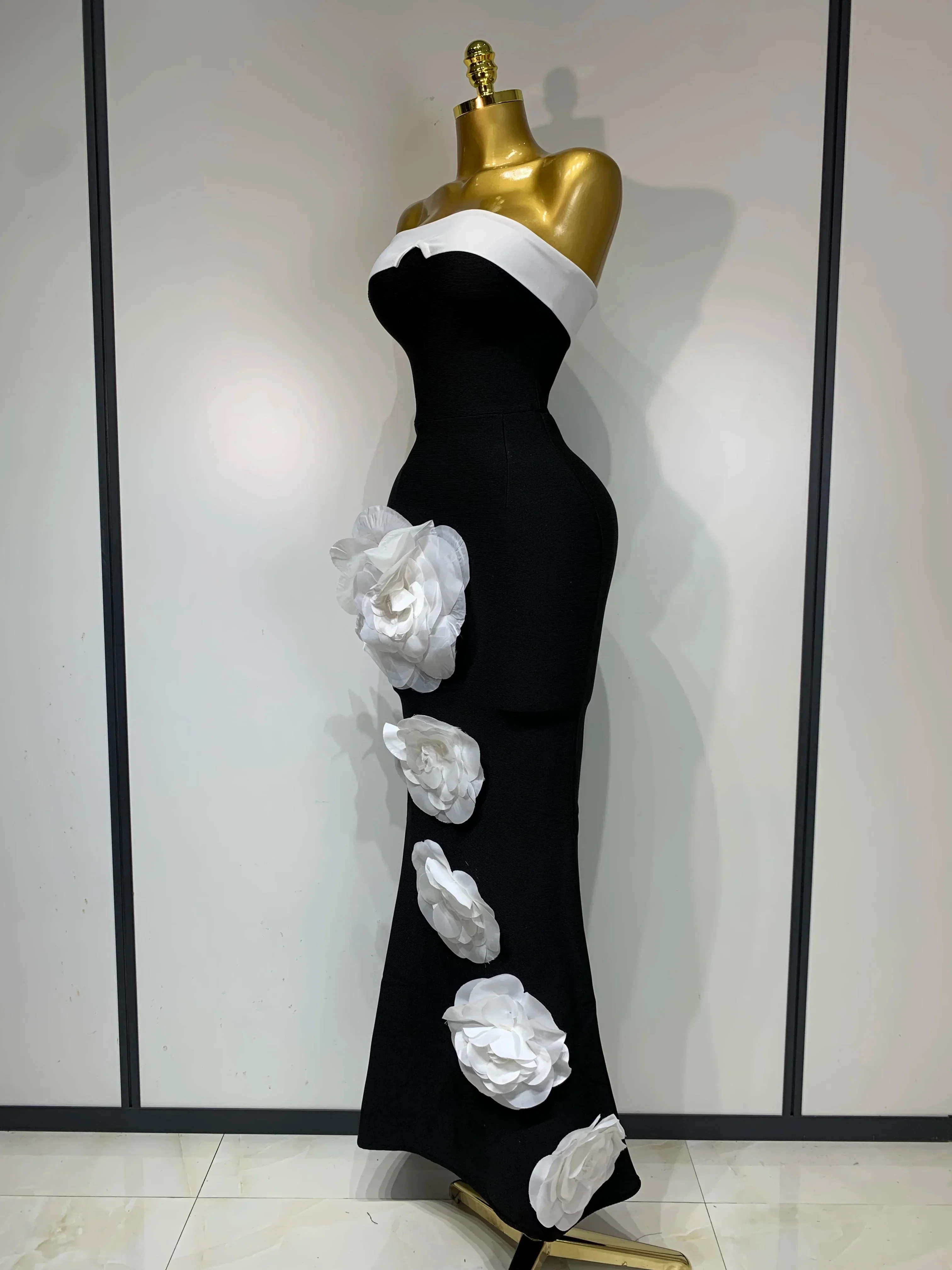 Women Sexy Strapless Backless Flower Maxi Long Bandage Dress  Knitted Celebrity Elegant Evening Club Party Birthday Dresses - Image 2