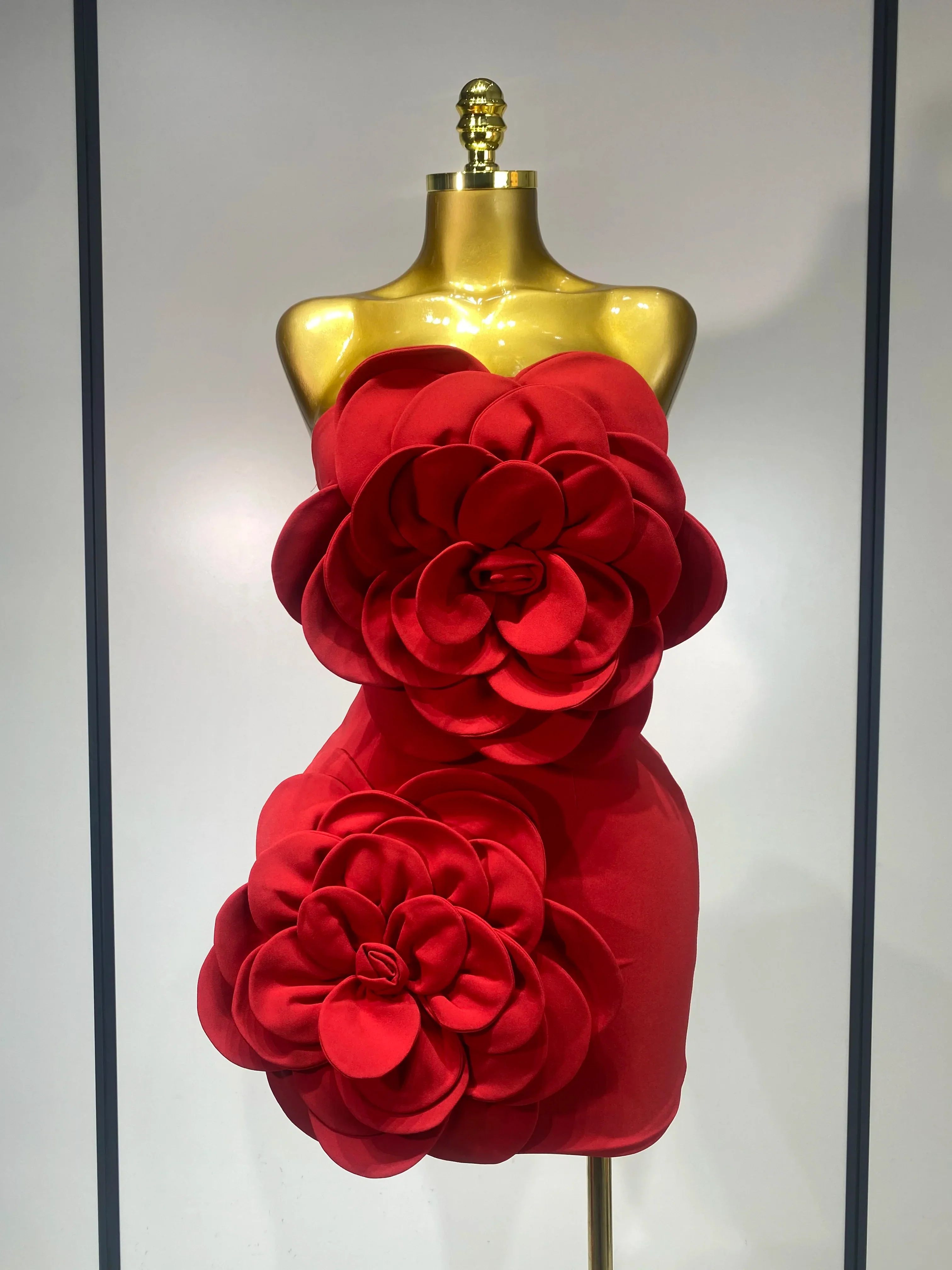 Women Sexy Strapless Backless Flower Red Mini Bodycon Dress Celebirty Elegant Evening Club Party Luxury Birthday Dresses
