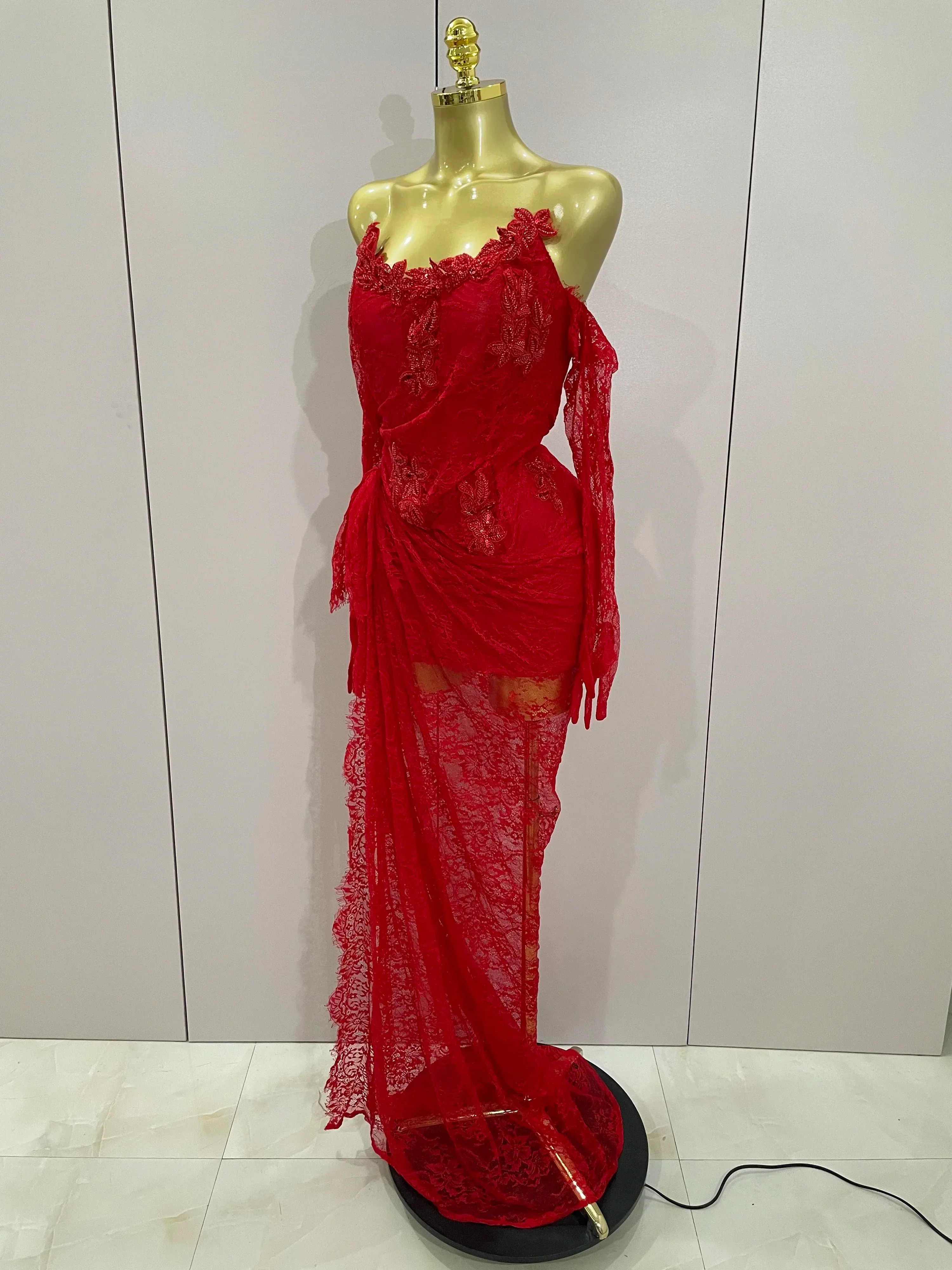 Women Sexy Strapless Backless Red Lace Split Maxi Long Bodycon Dress  Celebrity Elegant Evening Club Birthday Party Outfit - Image 2