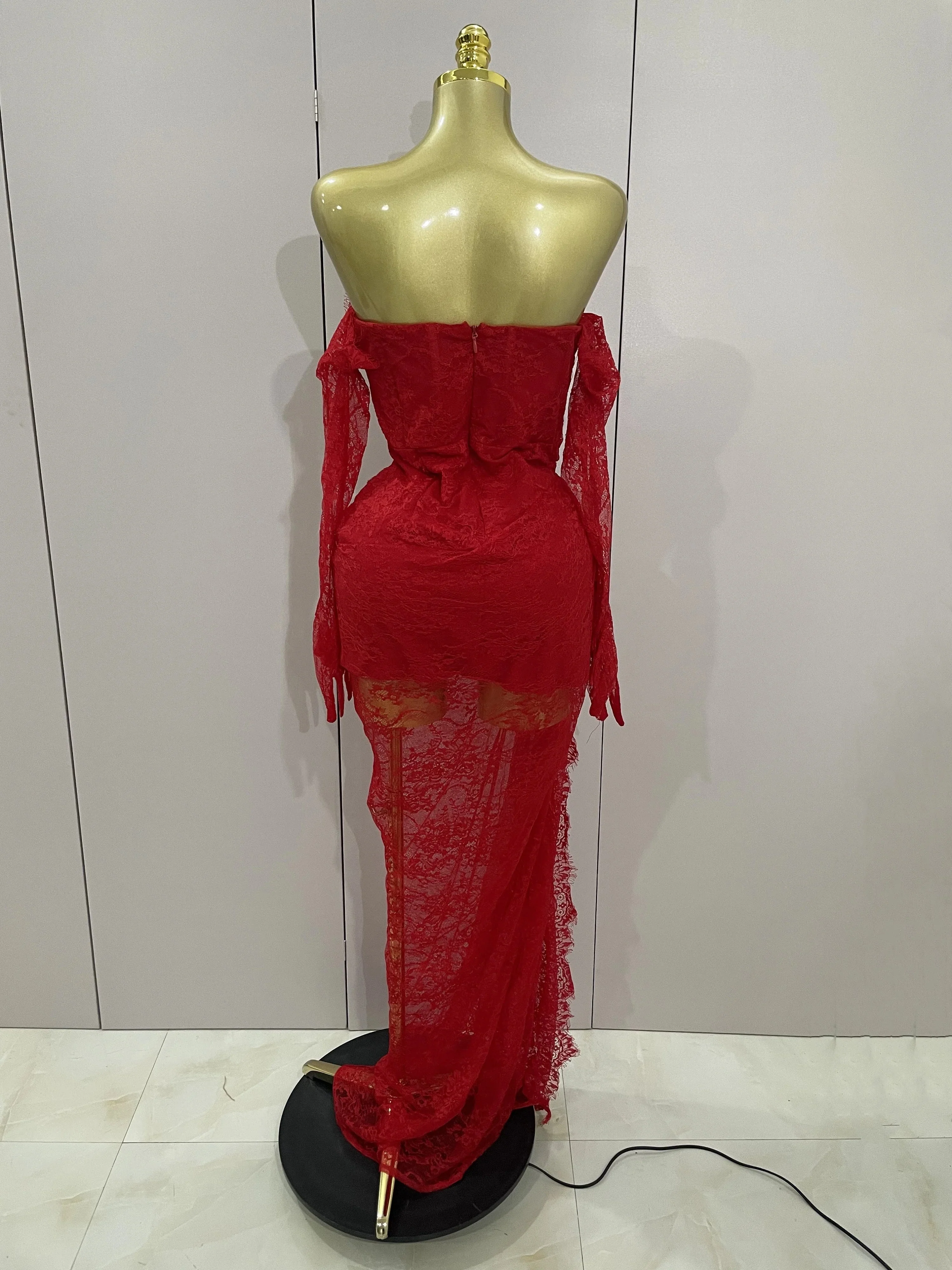 Women Sexy Strapless Backless Red Lace Split Maxi Long Bodycon Dress  Celebrity Elegant Evening Club Birthday Party Outfit - Image 3
