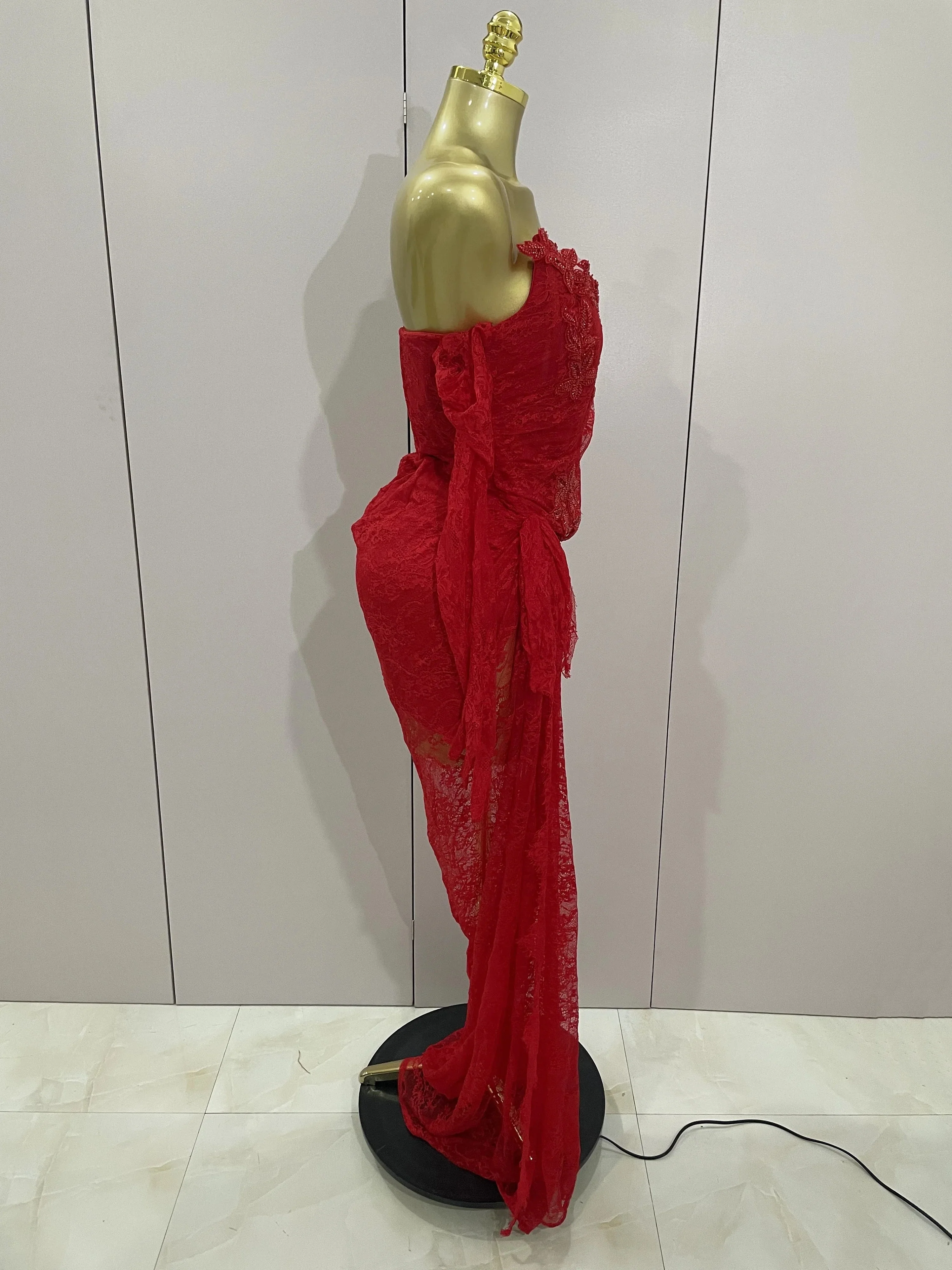 Women Sexy Strapless Backless Red Lace Split Maxi Long Bodycon Dress  Celebrity Elegant Evening Club Birthday Party Outfit - Image 4