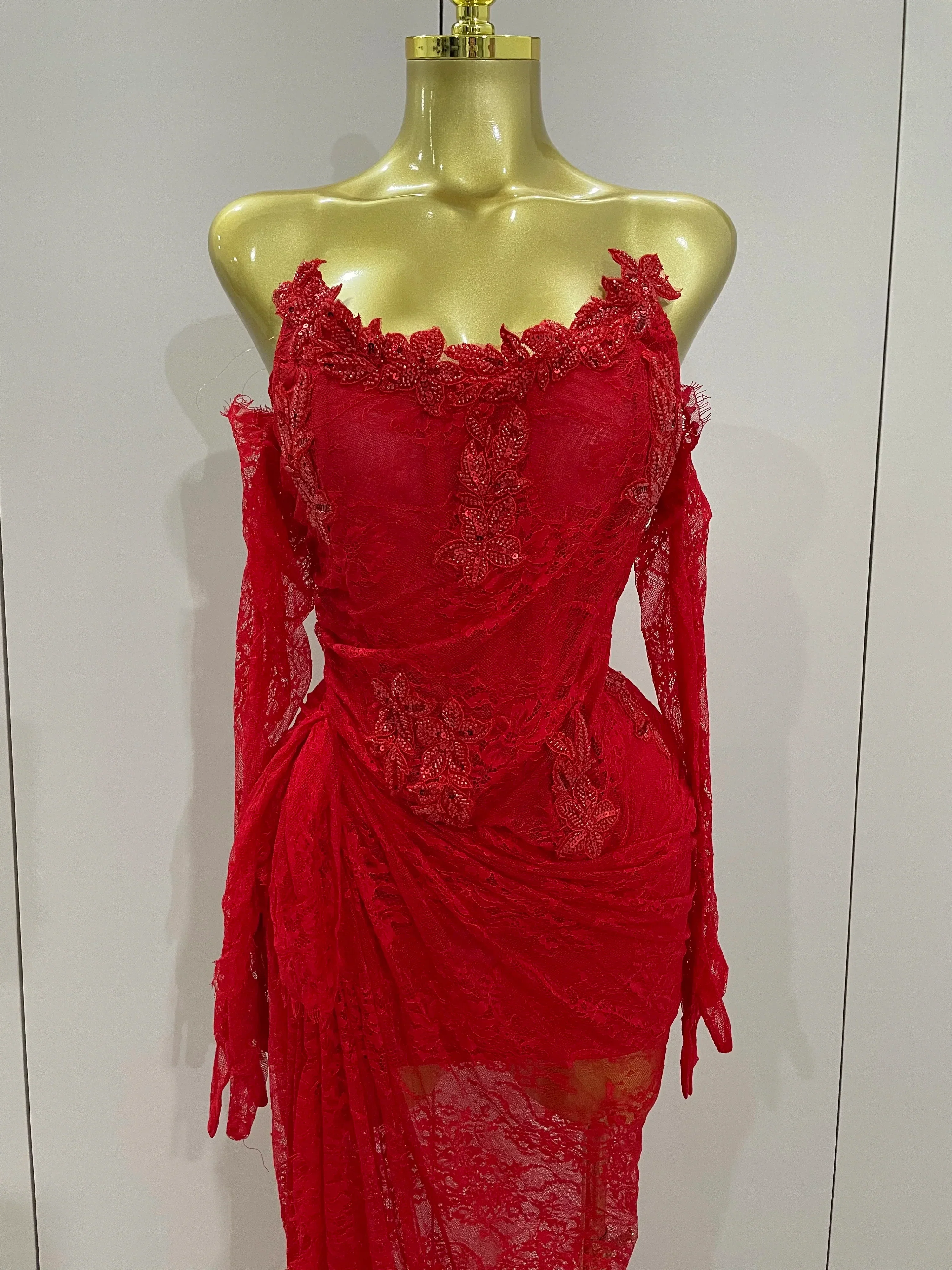 Women Sexy Strapless Backless Red Lace Split Maxi Long Bodycon Dress  Celebrity Elegant Evening Club Birthday Party Outfit - Image 5