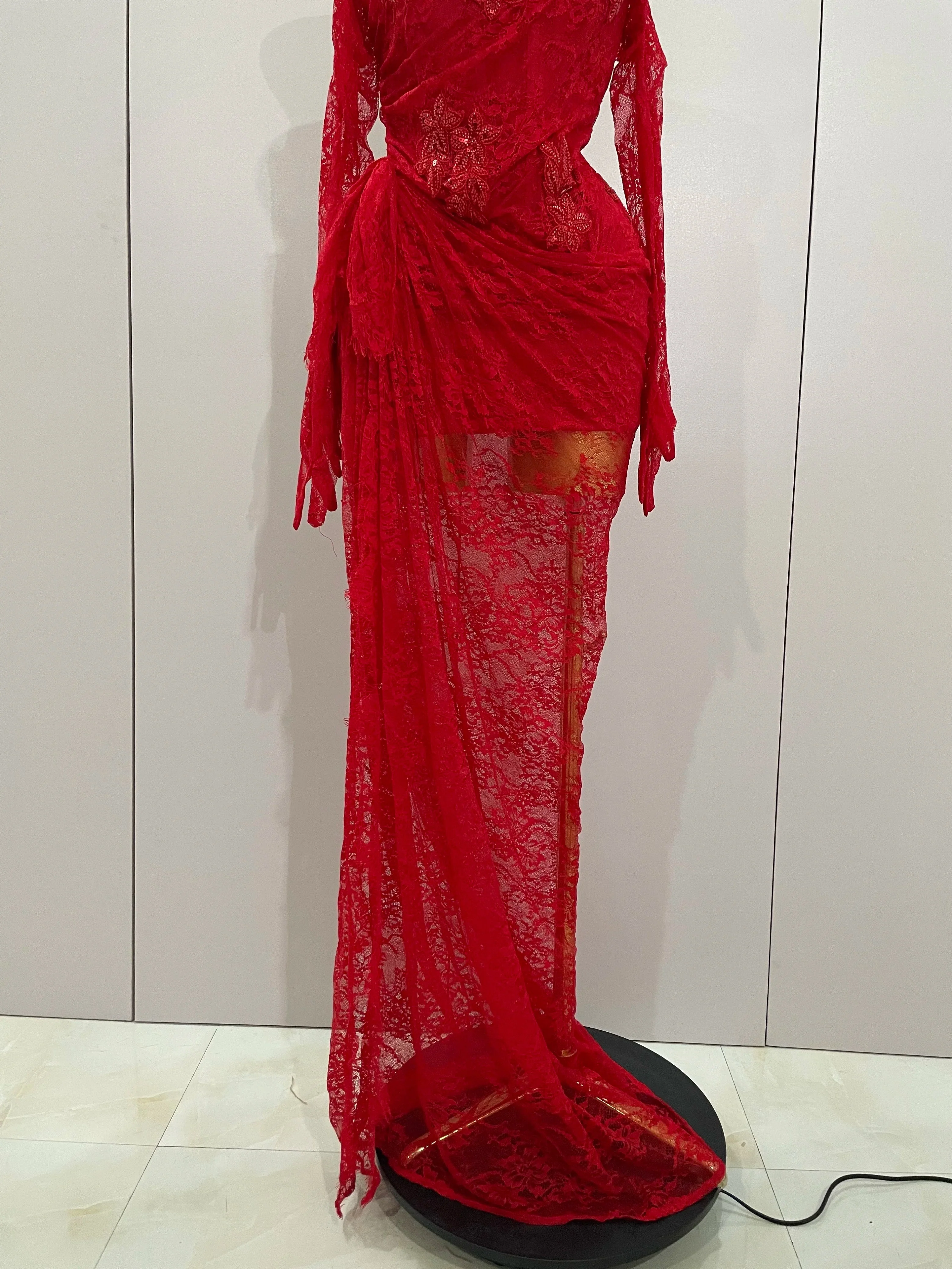 Women Sexy Strapless Backless Red Lace Split Maxi Long Bodycon Dress  Celebrity Elegant Evening Club Birthday Party Outfit - Image 6