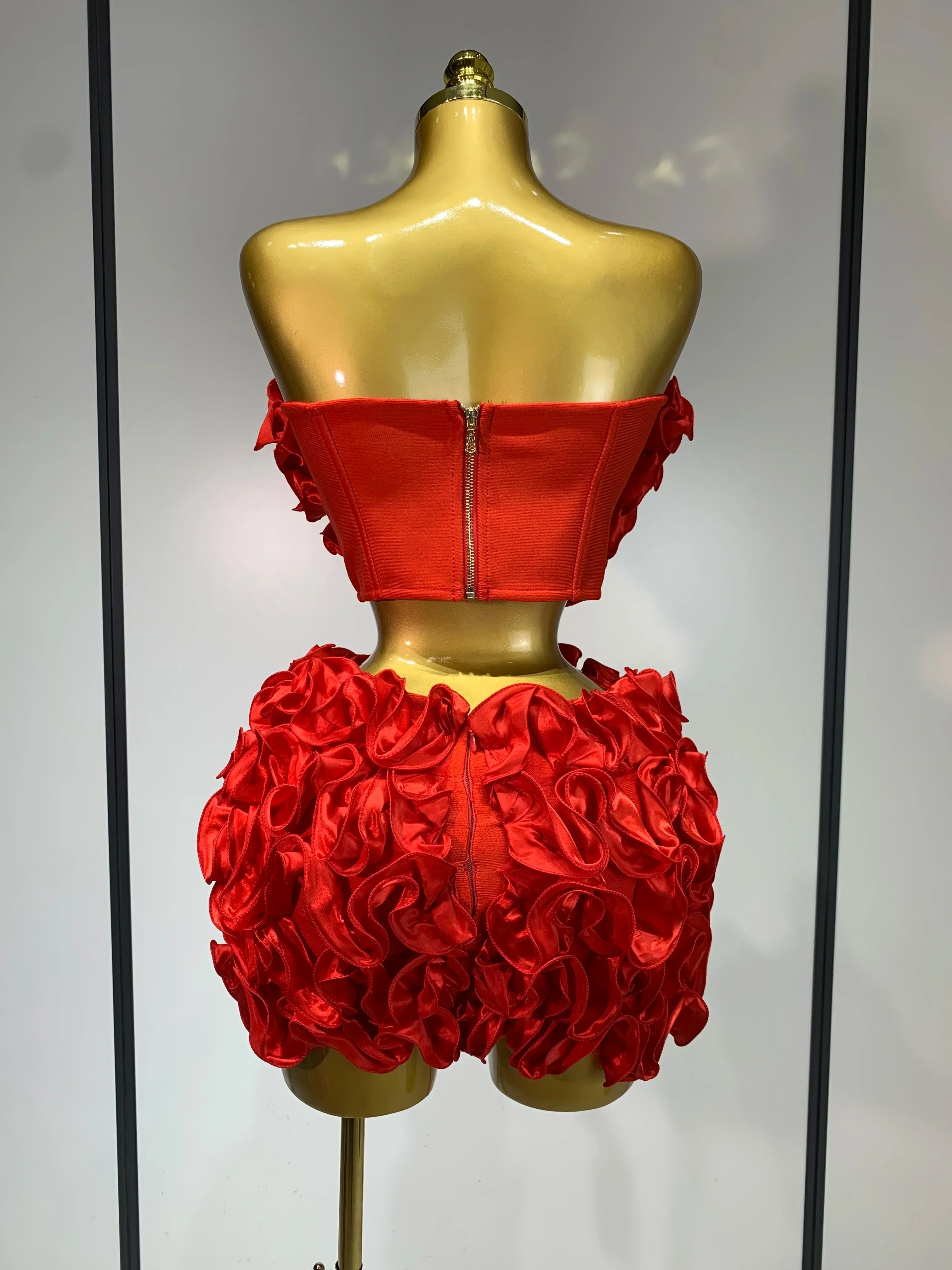 Women Sexy Strapless Red flower Top With Mini Skirt Bodycon Bandage Suit Celebrity Party Cocktail Birthday Two Pieces Set - Image 3