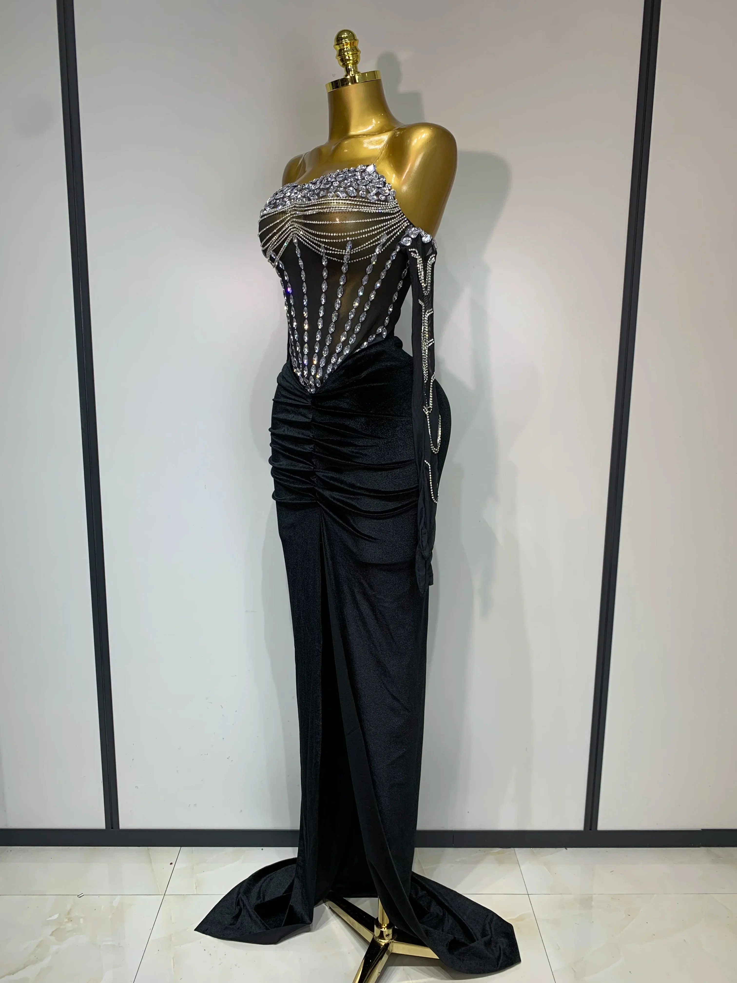 Women Sexy Strapless Rhinestone bodysuit Skirt Three Piece Set Celebrity Elegant Evening Party Birthday Dresses Stage Costume - Image 2