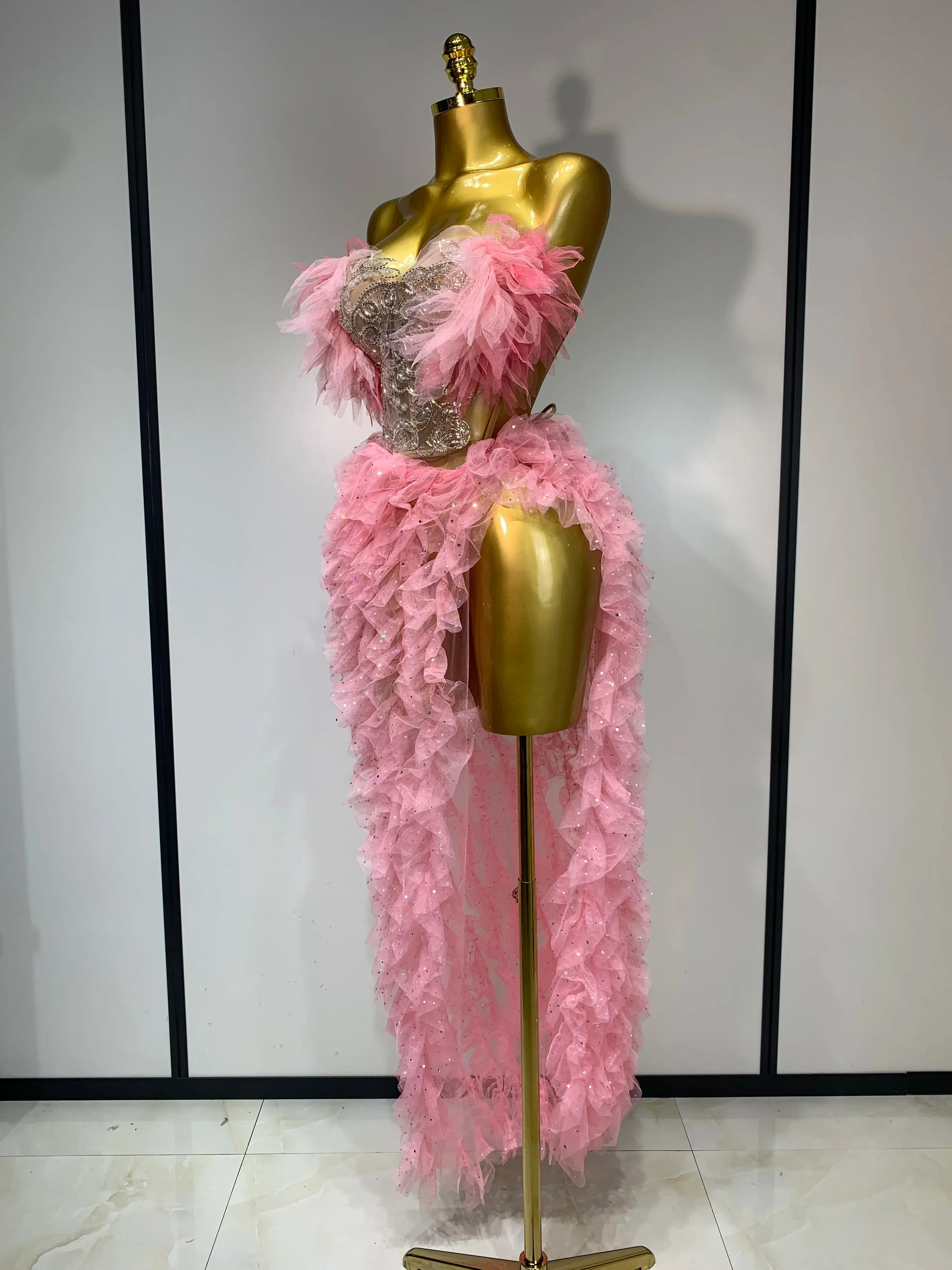 Women Sexy Strapless Ruffles two Pieces Set Bodycon Long Dress High Split Fashion Nightclub Party Birthday  Singer Stage Outfit - Image 2