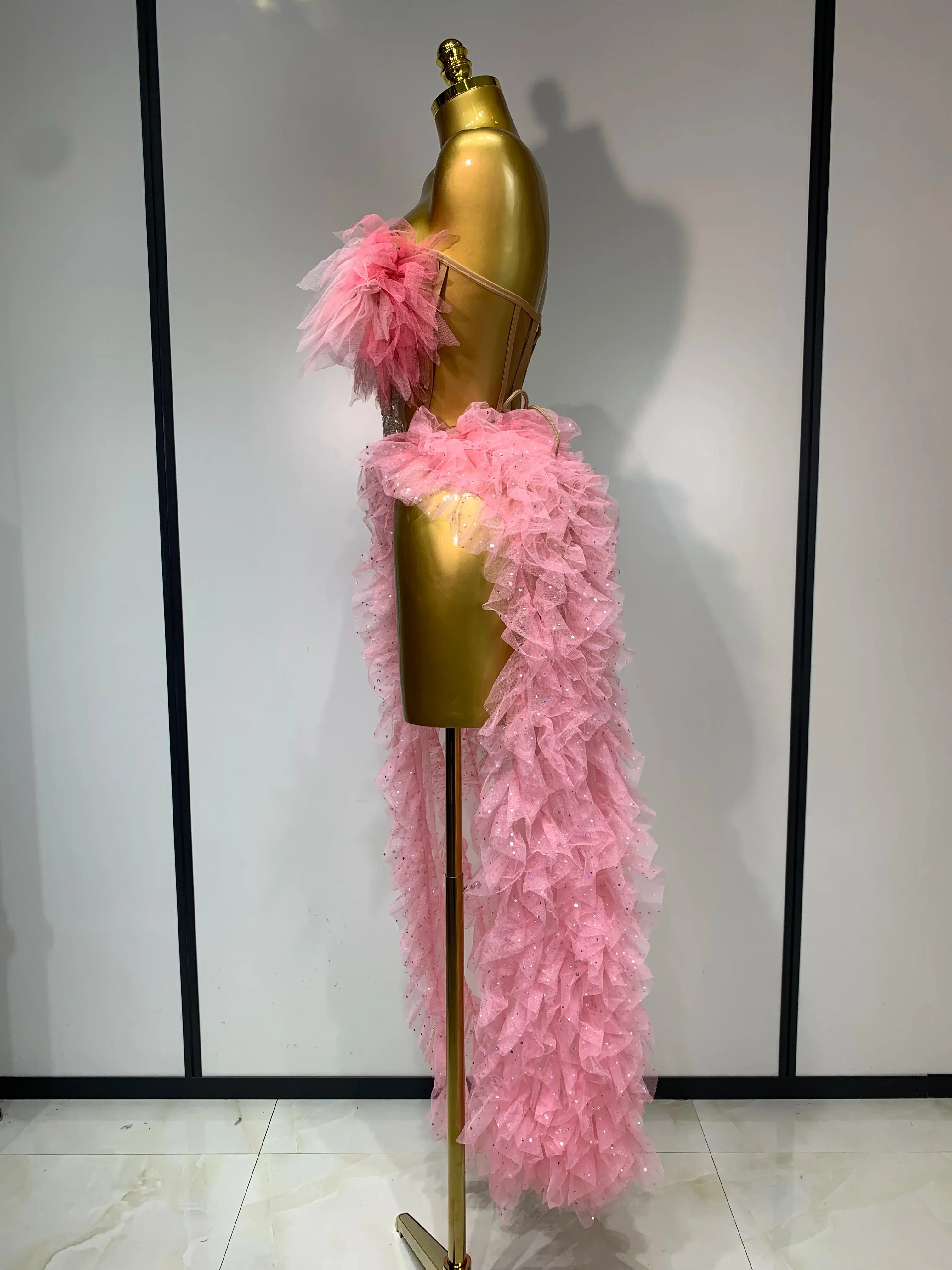 Women Sexy Strapless Ruffles two Pieces Set Bodycon Long Dress High Split Fashion Nightclub Party Birthday  Singer Stage Outfit - Image 3