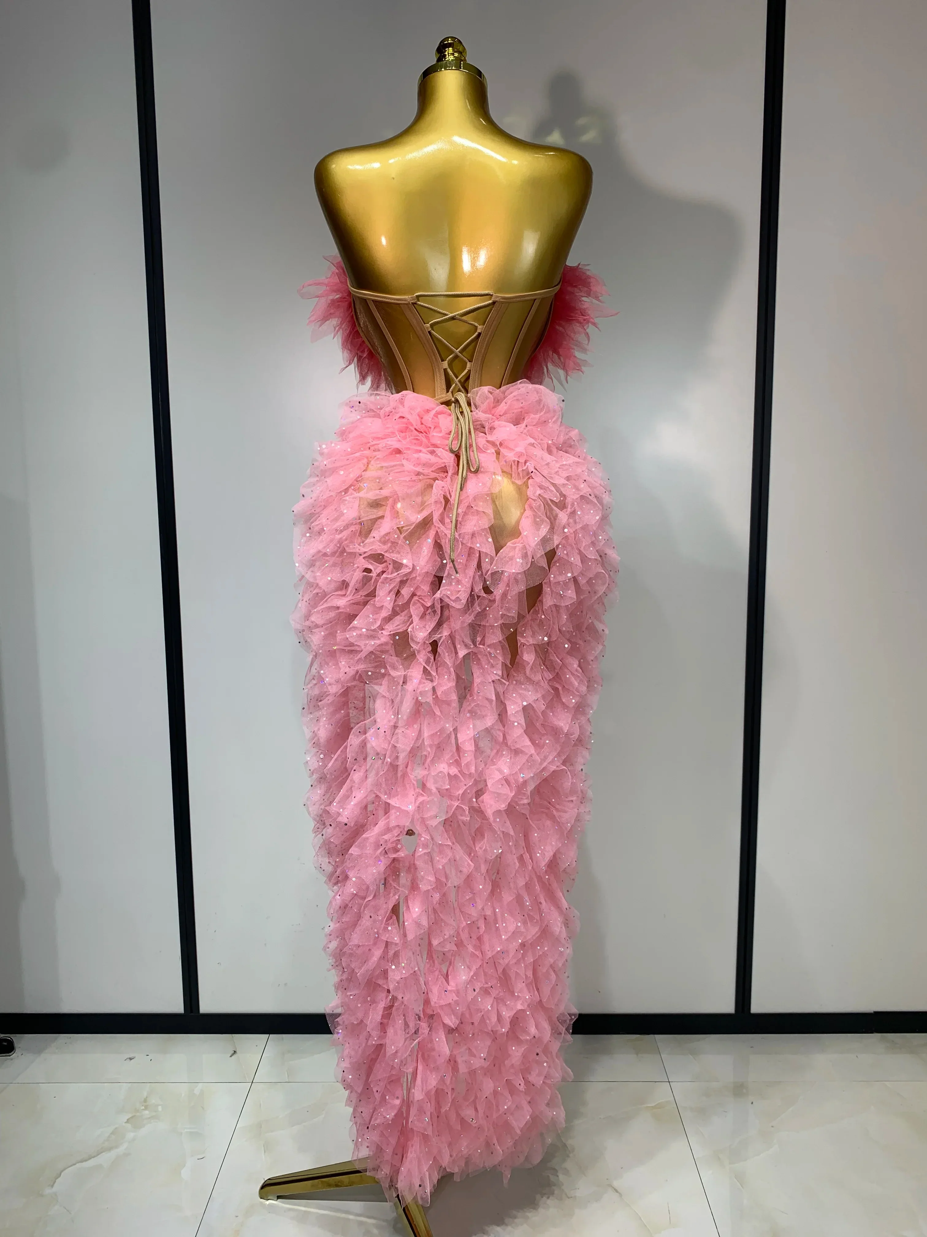 Women Sexy Strapless Ruffles two Pieces Set Bodycon Long Dress High Split Fashion Nightclub Party Birthday  Singer Stage Outfit - Image 4