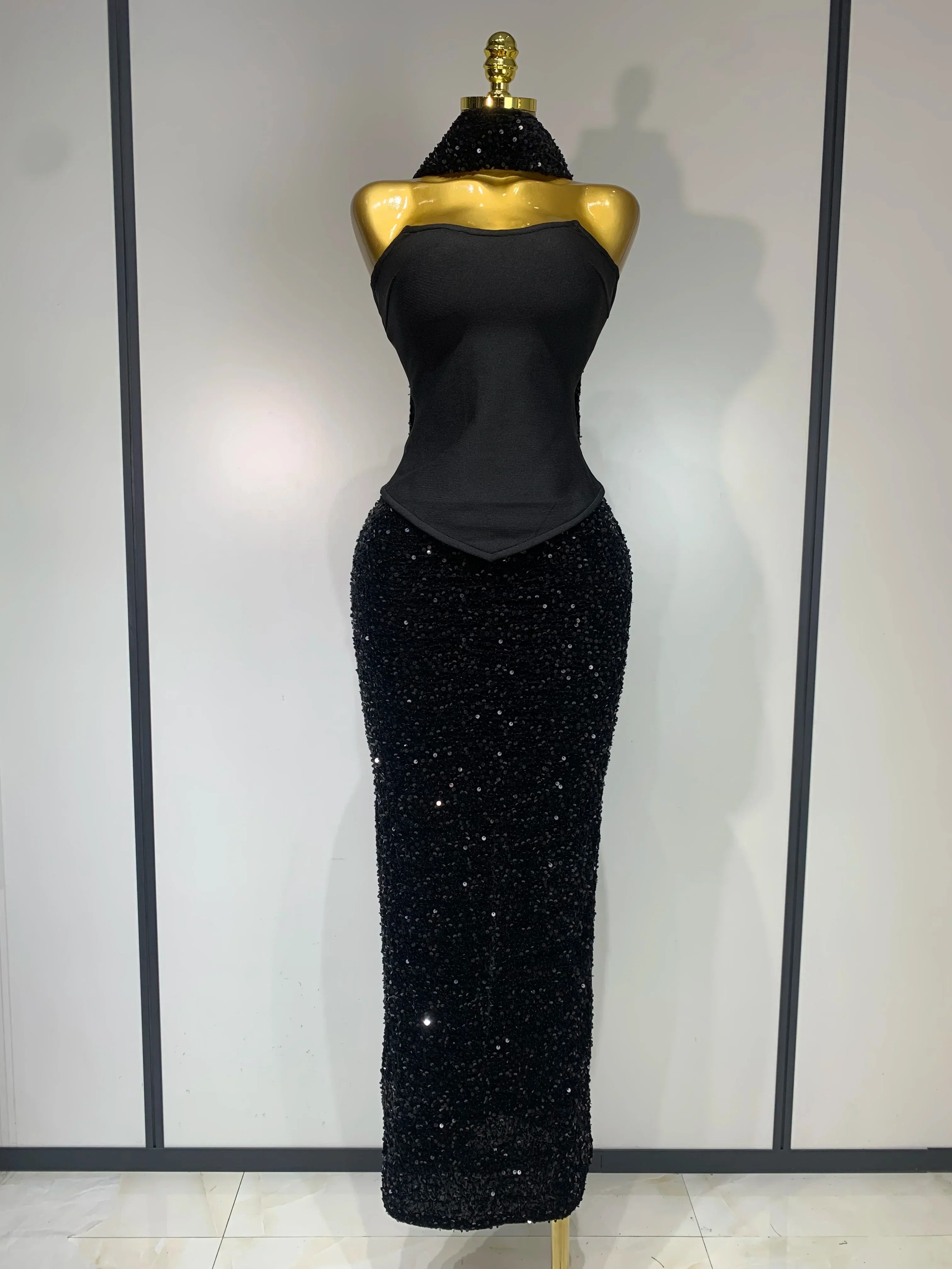 Women Sexy Strapless Sequin Black Maxi Long Bandage Three Piece Set Knitted Elegant Evening Club Party Birthday Prom Gowns