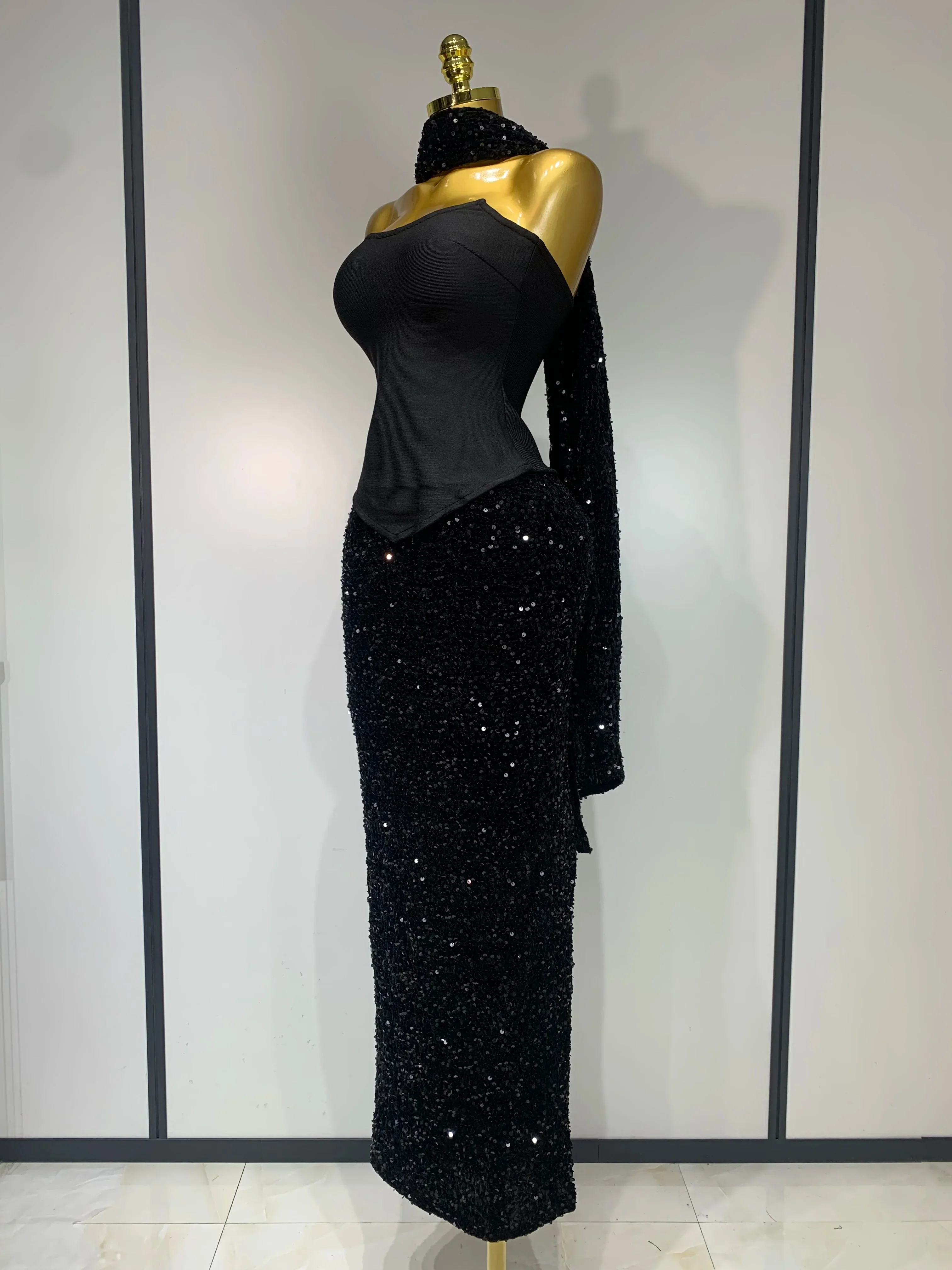 Women Sexy Strapless Sequin Black Maxi Long Bandage Three Piece Set Knitted Elegant Evening Club Party Birthday Prom Gowns - Image 2