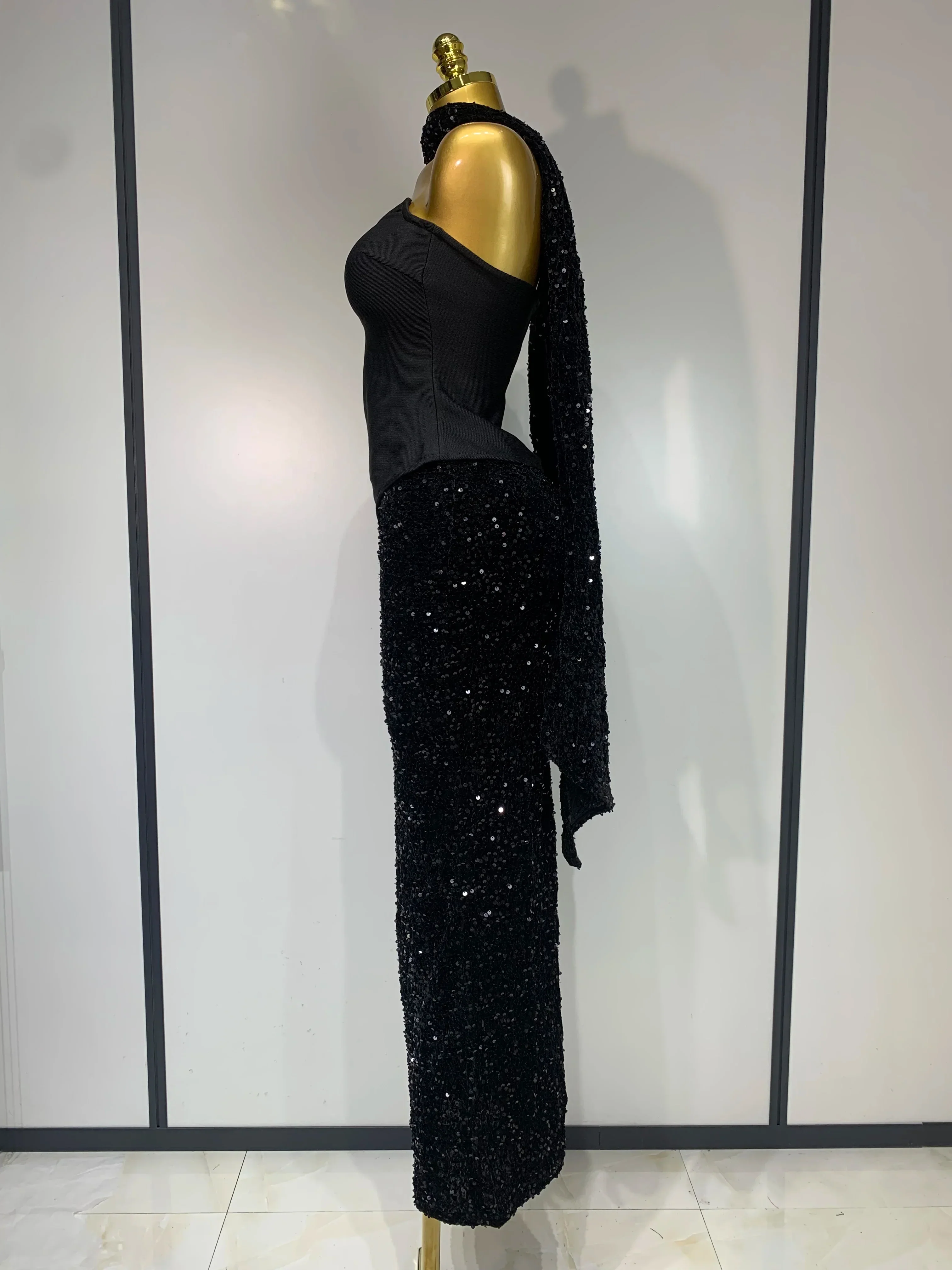 Women Sexy Strapless Sequin Black Maxi Long Bandage Three Piece Set Knitted Elegant Evening Club Party Birthday Prom Gowns - Image 3