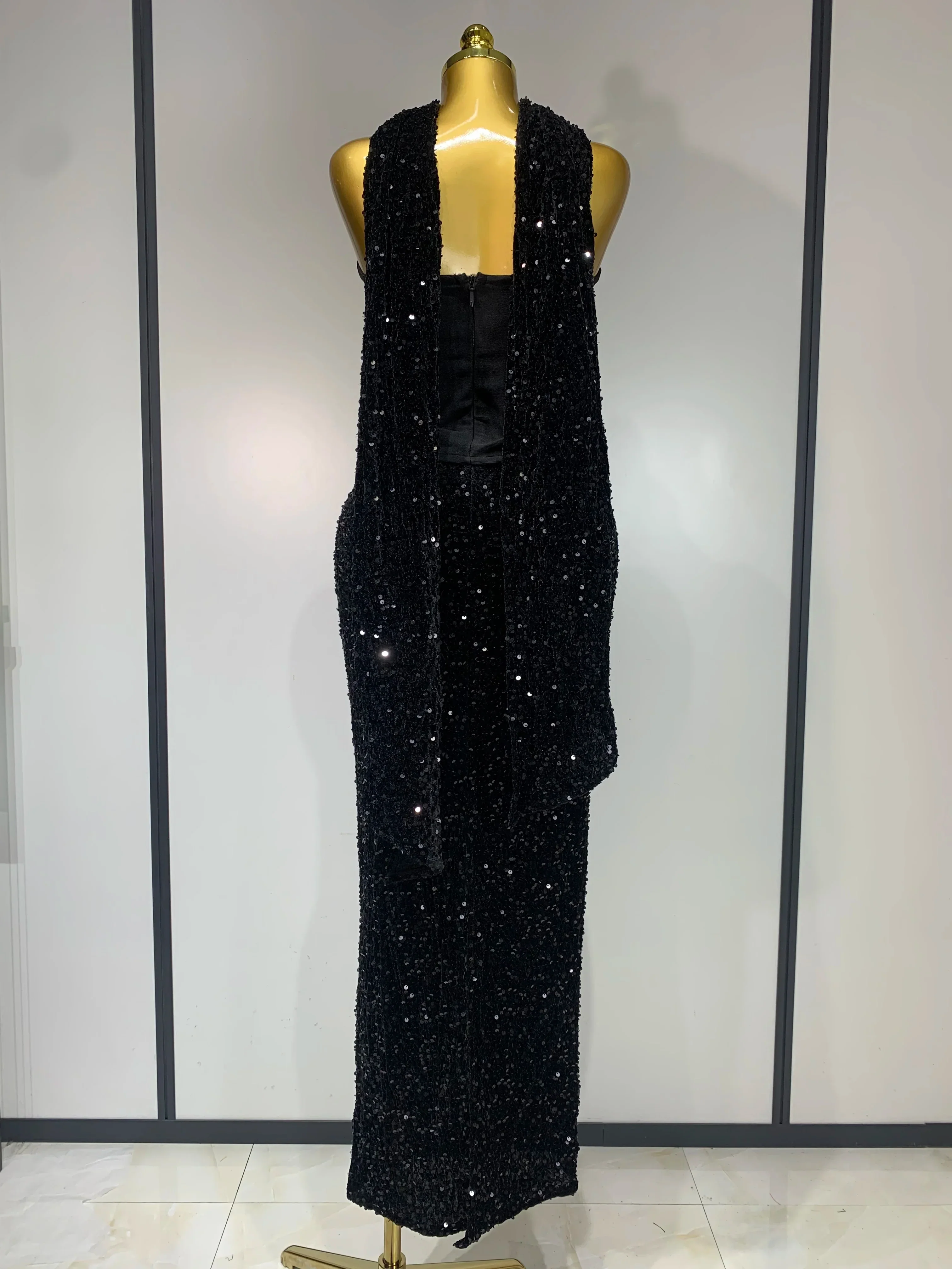 Women Sexy Strapless Sequin Black Maxi Long Bandage Three Piece Set Knitted Elegant Evening Club Party Birthday Prom Gowns - Image 4