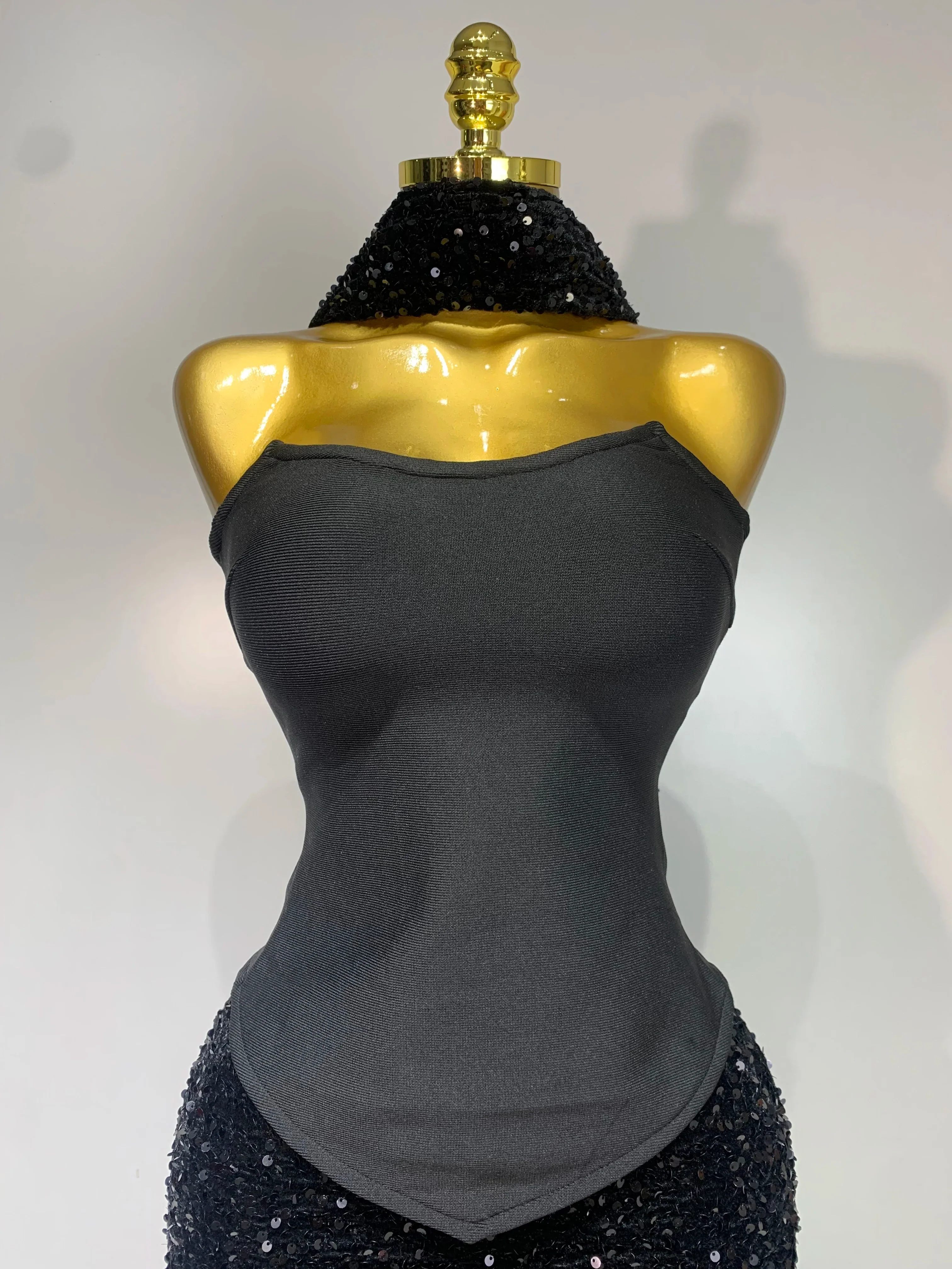 Women Sexy Strapless Sequin Black Maxi Long Bandage Three Piece Set Knitted Elegant Evening Club Party Birthday Prom Gowns - Image 5