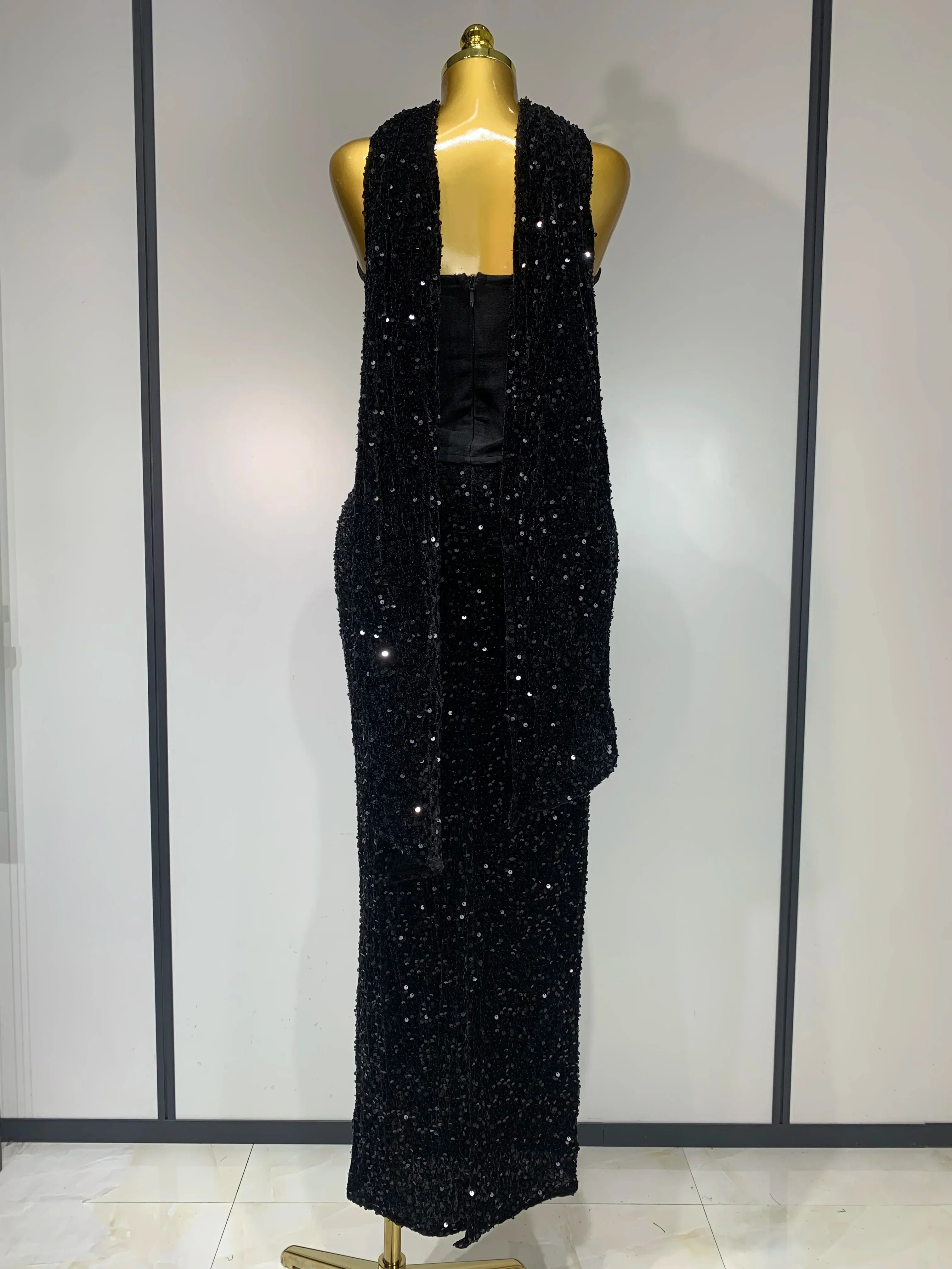 Women Sexy Strapless Sequin Black Maxi Long Bandage Three Piece Set  Knitted Elegant Evening Club Party Birthday Prom Gowns - Image 4