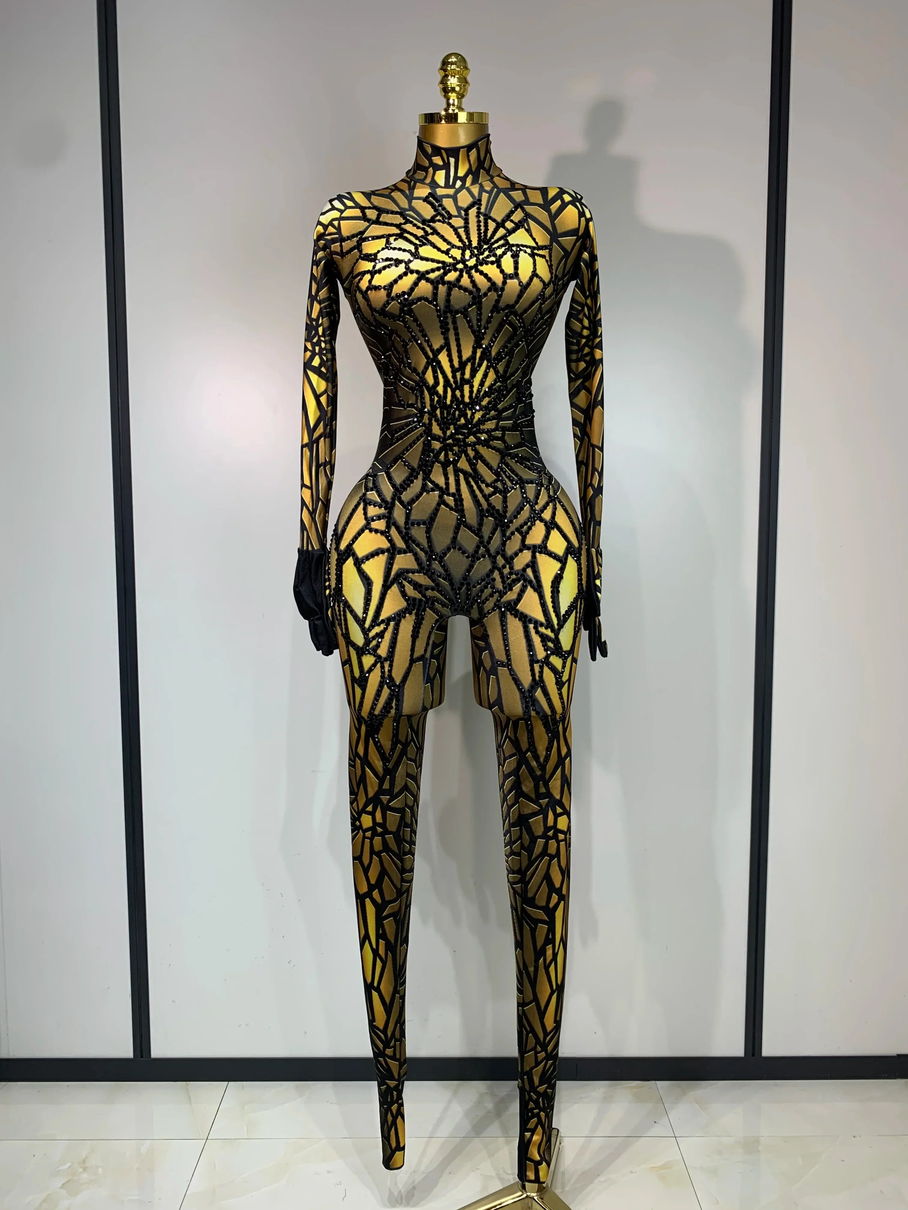 Women Sexy Stretch Glitter Rhinestones Bodycon Jumpsuit Dance Bodysuit Party Singer Stage Wear Birthday Drag Queen Costumes