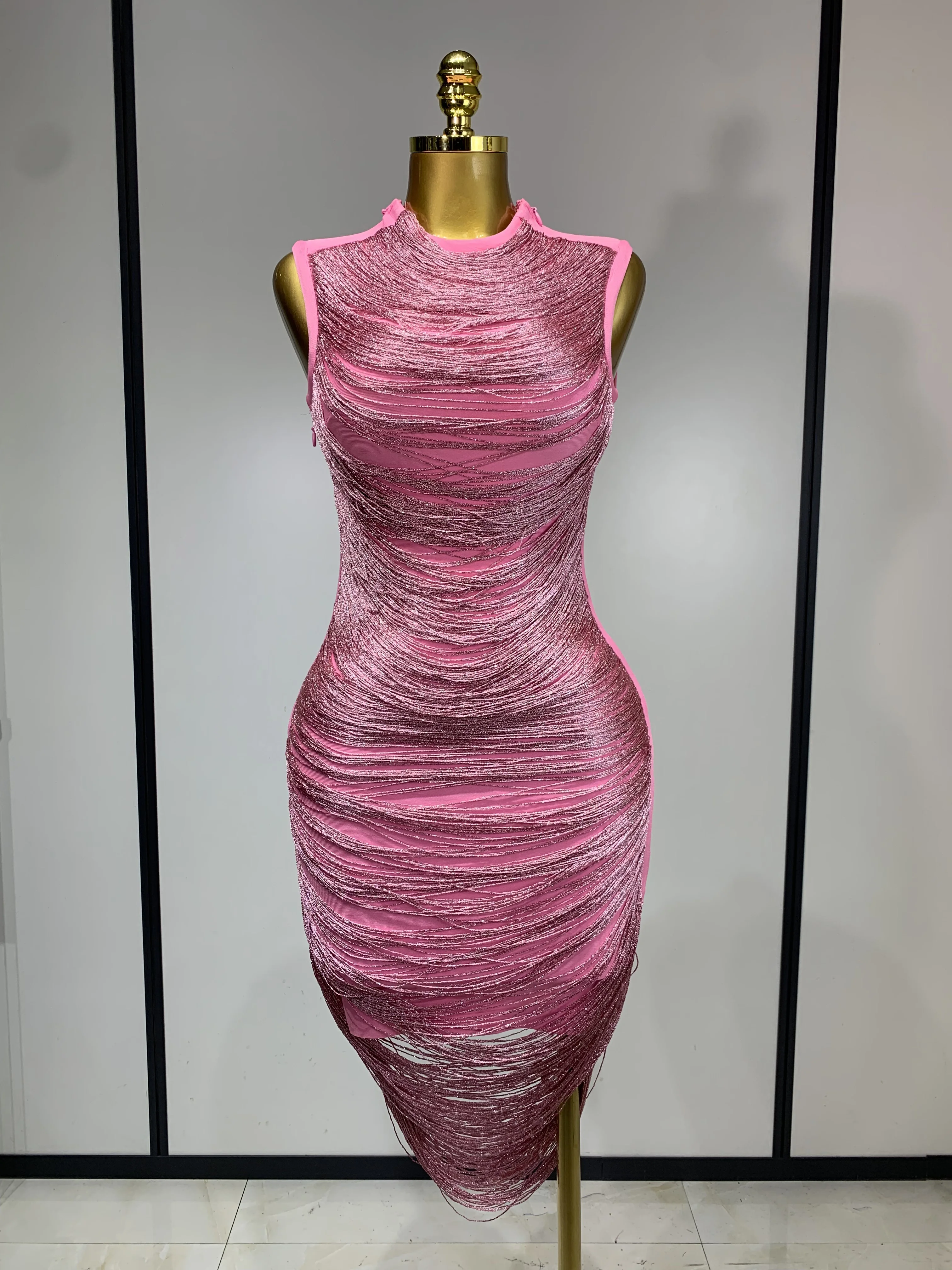 Women Sexy Tassel Pink Mini Bodycon Bandage Dress Celebrity Designer Fashion Party Evening Nightclub Dresses Cocktail Gowns