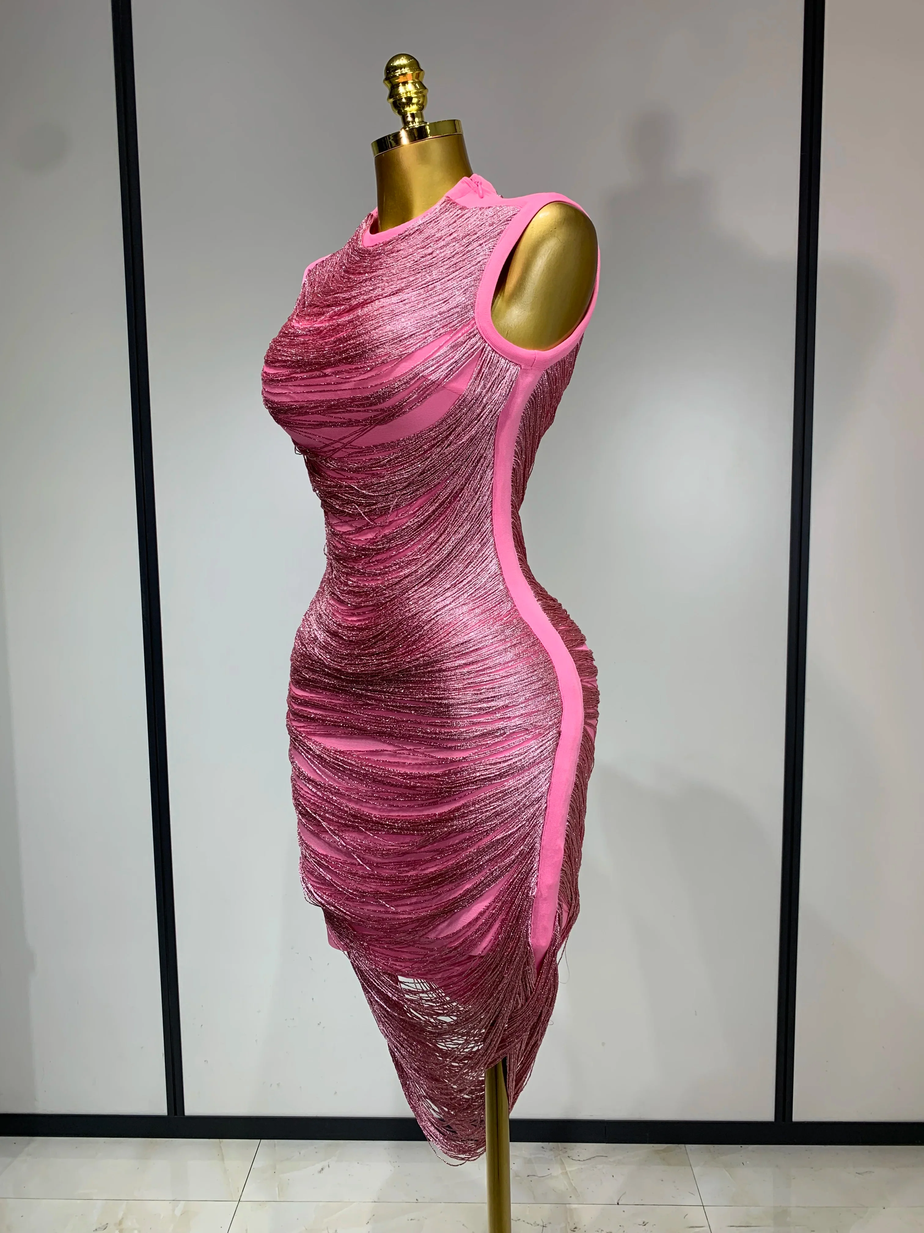 Women Sexy Tassel Pink Mini Bodycon Bandage Dress Celebrity Designer Fashion Party Evening Nightclub Dresses Cocktail Gowns - Image 2