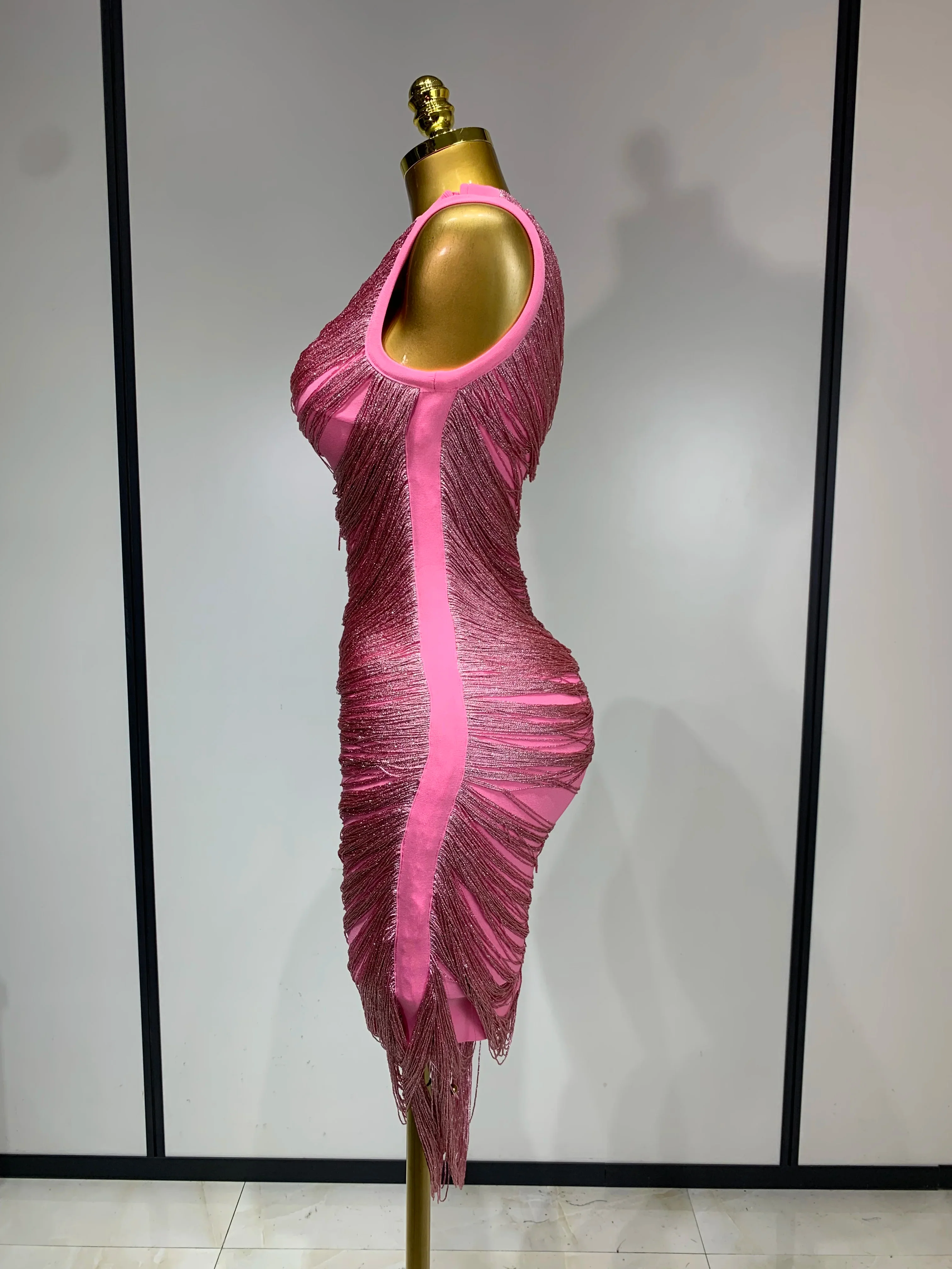 Women Sexy Tassel Pink Mini Bodycon Bandage Dress Celebrity Designer Fashion Party Evening Nightclub Dresses Cocktail Gowns - Image 3