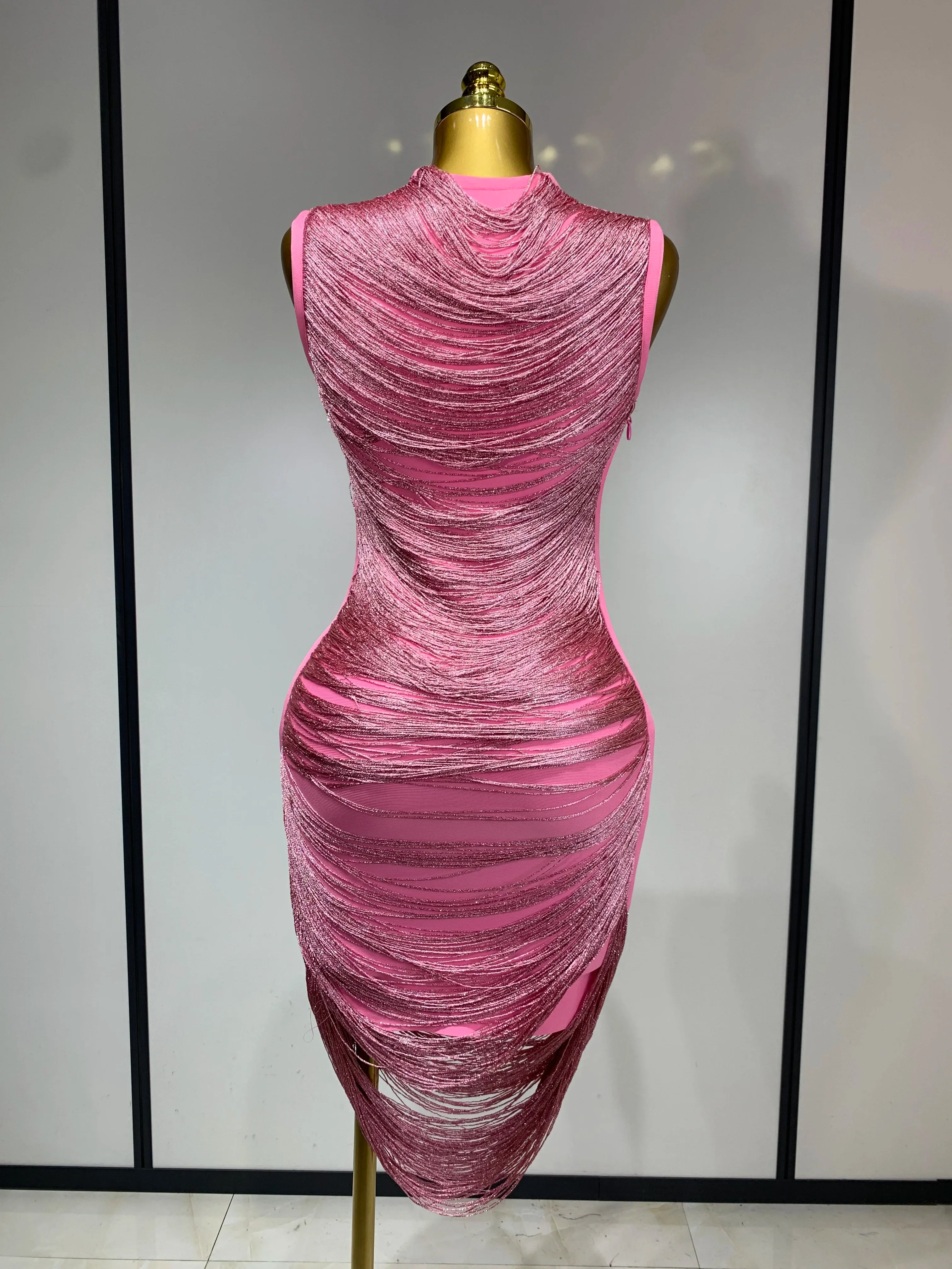 Women Sexy Tassel Pink Mini Bodycon Bandage Dress Celebrity Designer Fashion Party Evening Nightclub Dresses Cocktail Gowns - Image 4
