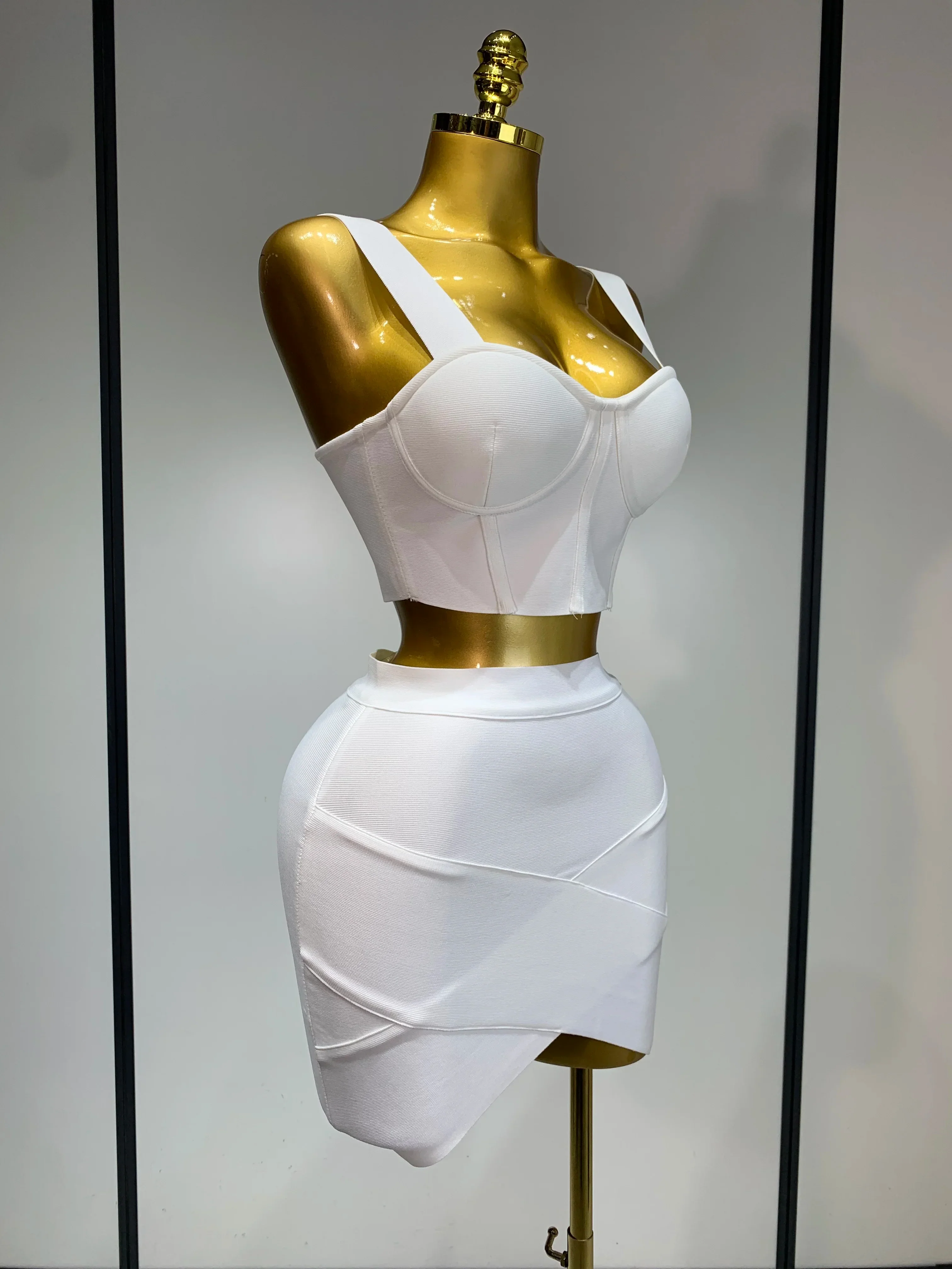 Women Sexy Top Short Skirt Bodycon Bandage Two Pieces Sets White Black Evening Party Luxury Birthday Outfit Nightclub Suits - Image 2