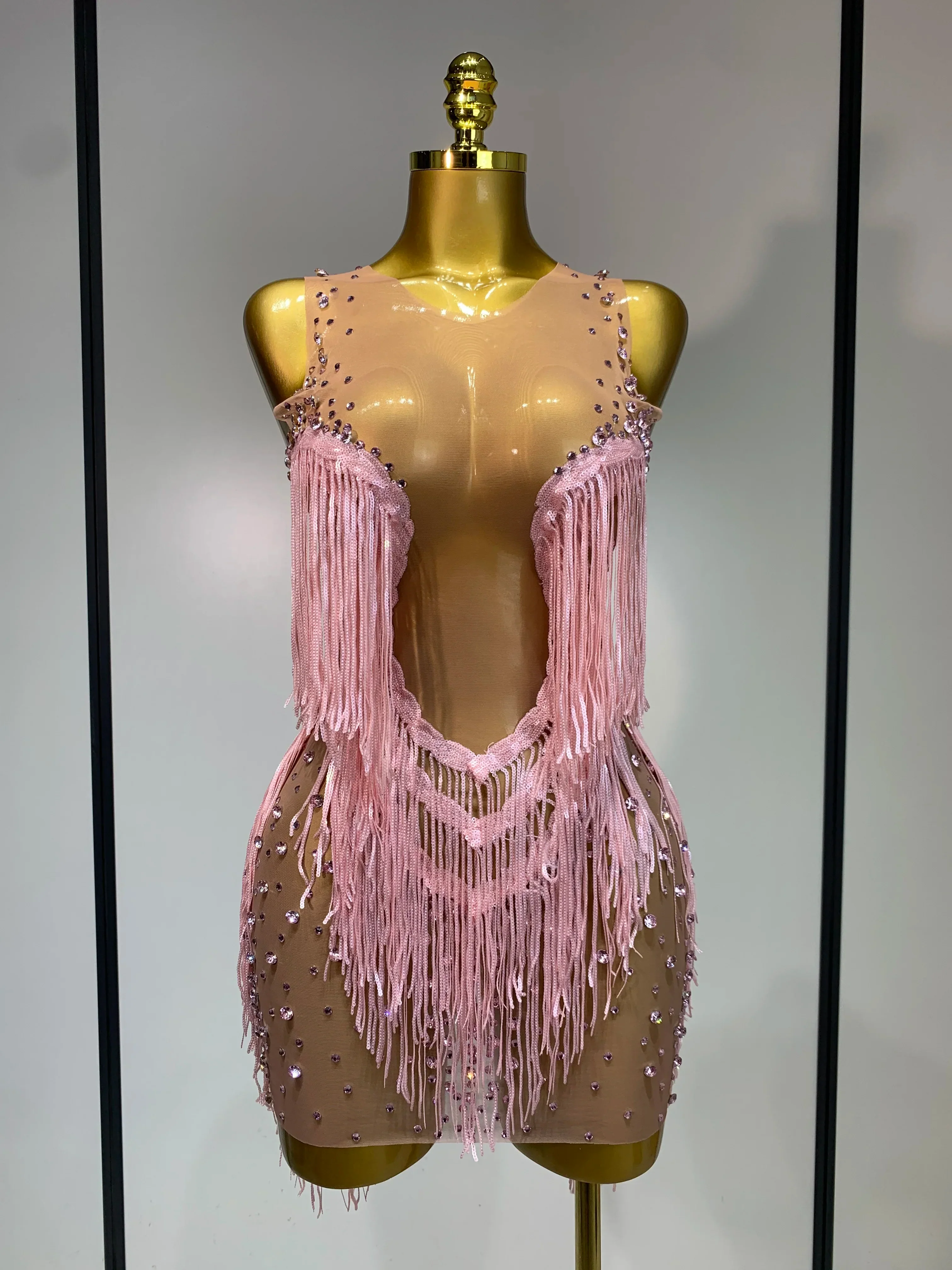 Women Sexy Transparent Long Sleeve Bodycon Dress Two Piece Set Luxury Sequin Fringes Evening Party Celebrity Performance Costume - Image 5