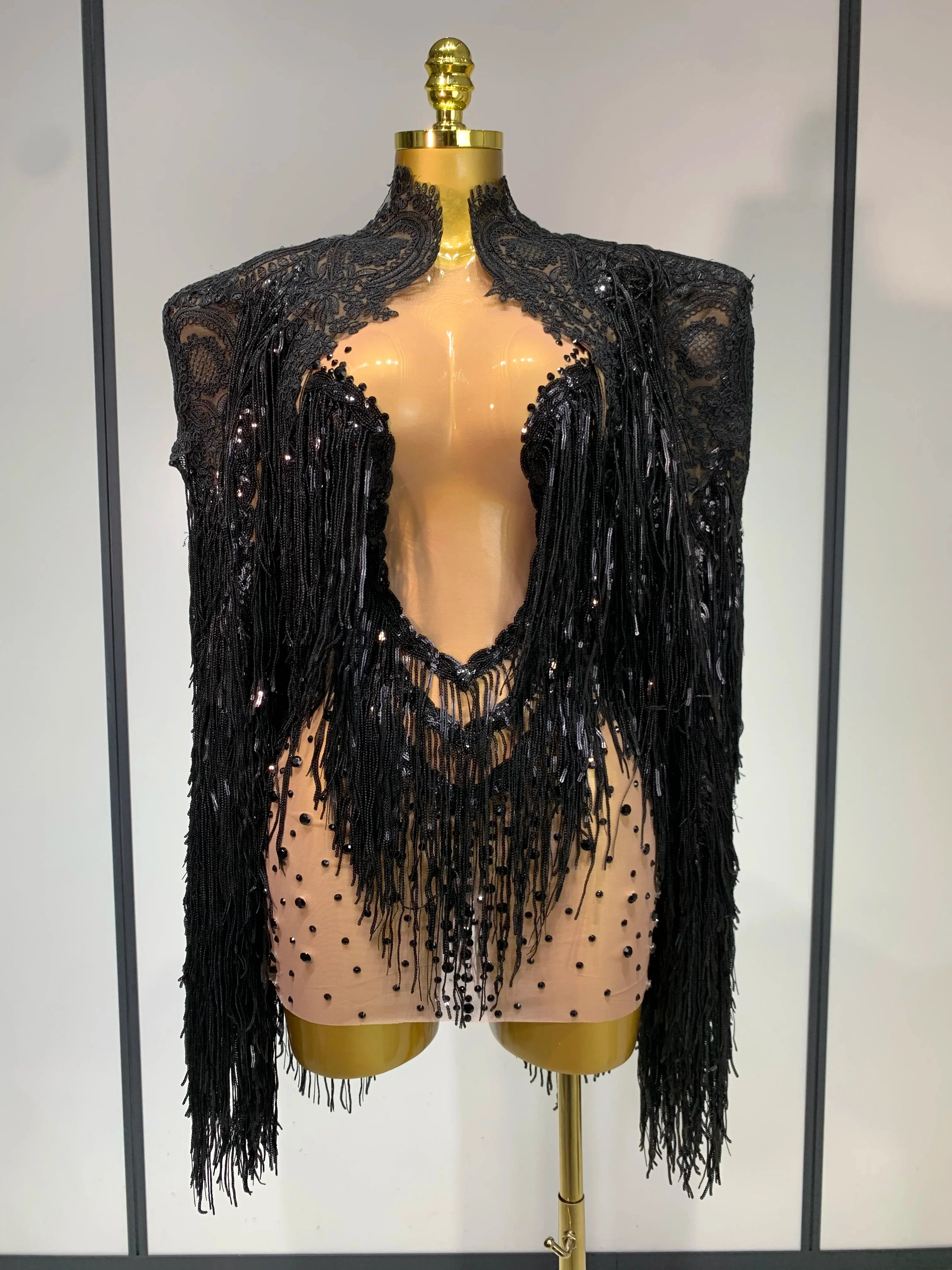 Women Sexy Transparent Long Sleeve Bodycon Dress Two Piece Set Luxury Sequin Fringes Evening Party Celebrity Performance Costume - Image 7