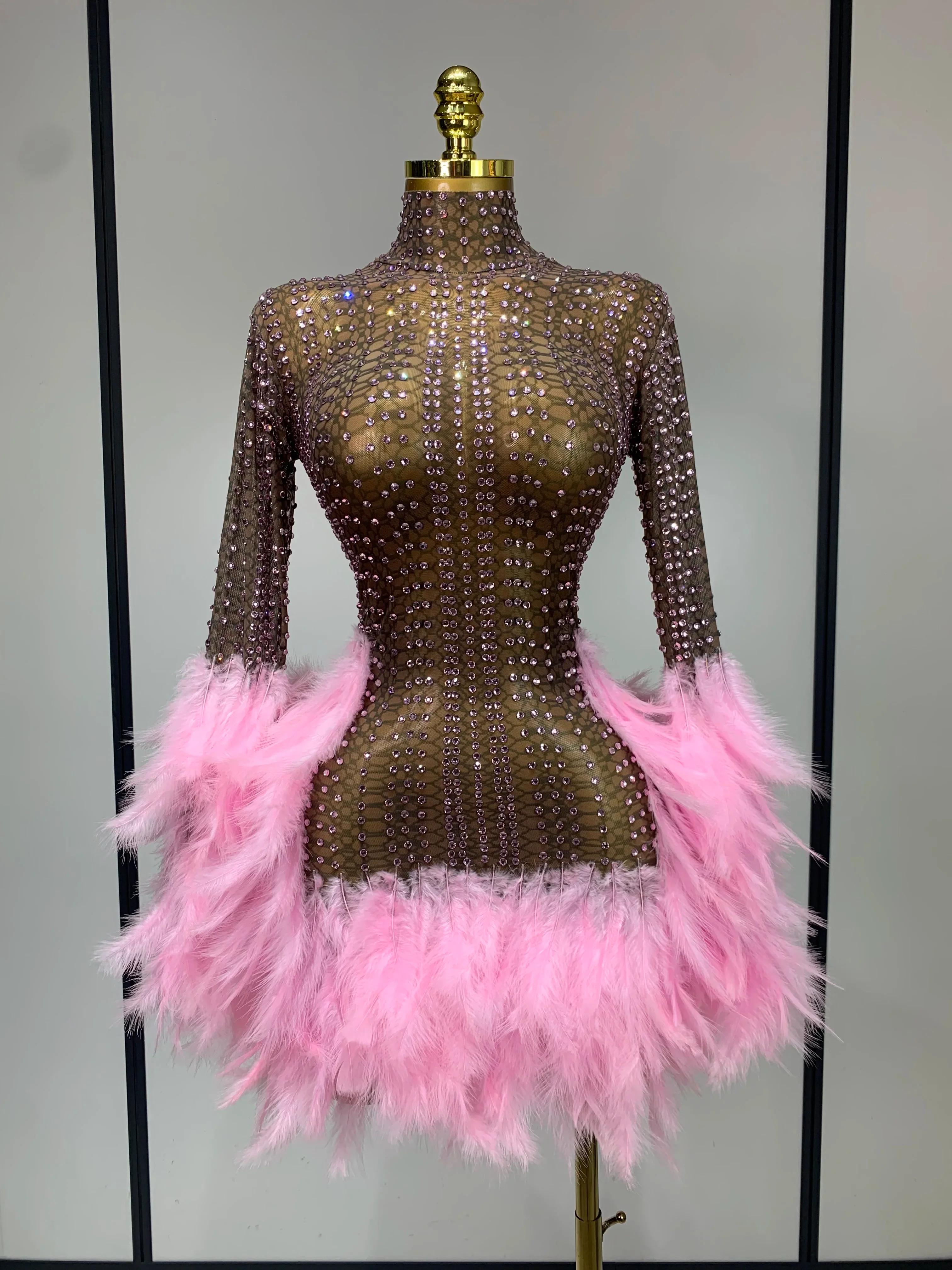 Women Sexy Transparent Stretch Mesh Feathers Stage Performance Costume Singer Nightclub Evening Party Luxury Birthday Dress