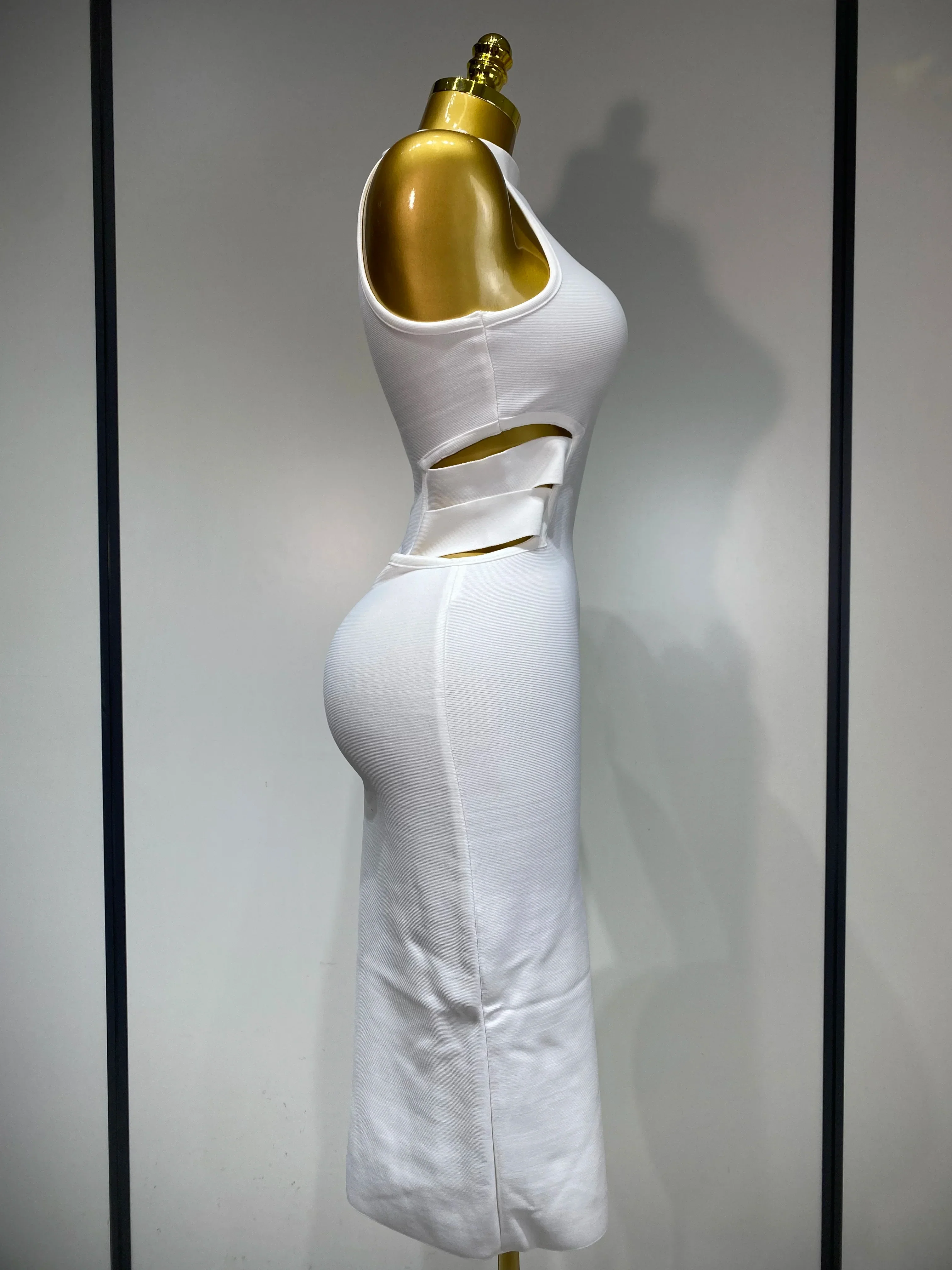 Women Sexy Turtleneck White Cut Out Midi Bodycon Bandage Dress White Elegant Evening Party Dress Luxury Birthday Dress - Image 2