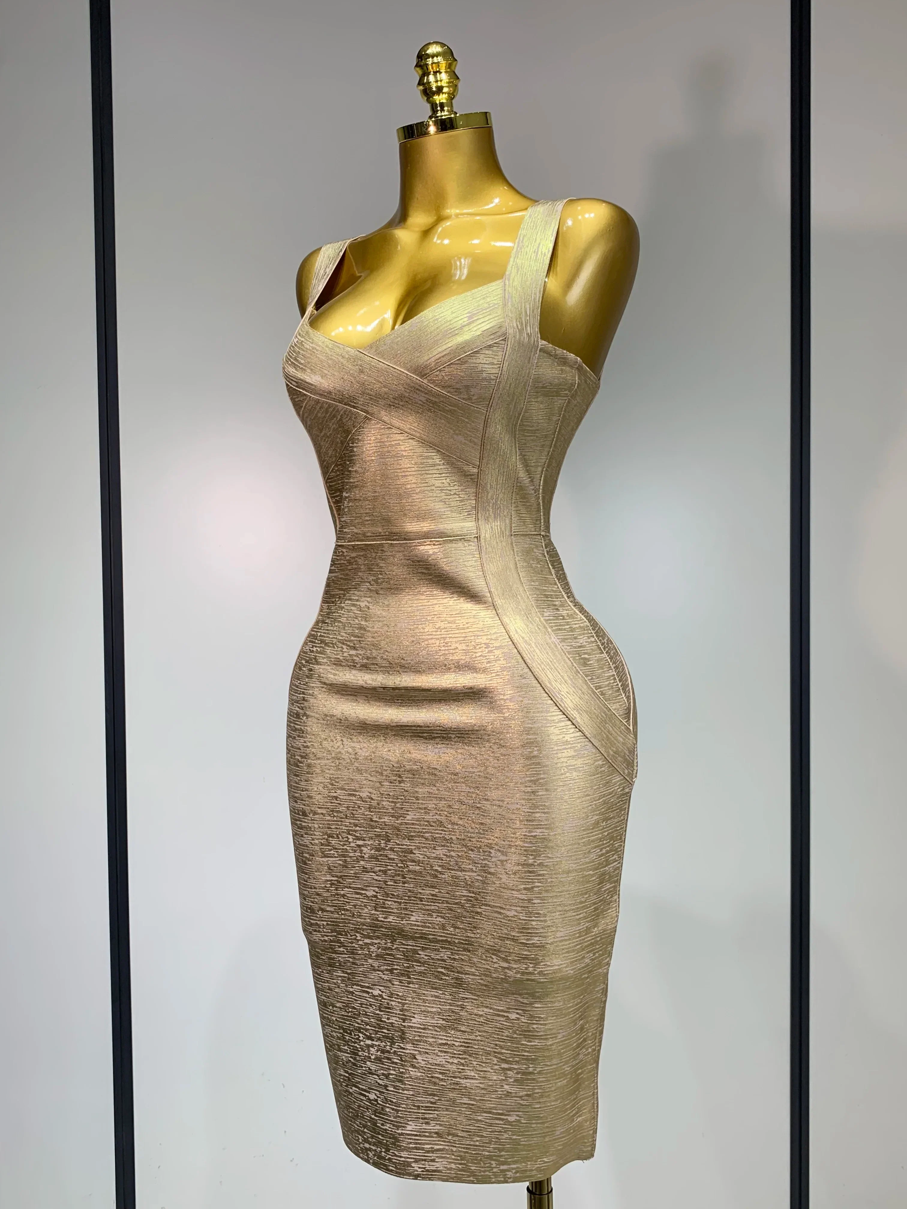 Women Sexy V Neck Bronzing Gold Midi Bodycon Bandage Dress Celebrity Elegant Evening Club Party Luxury Birthday Dress - Image 2