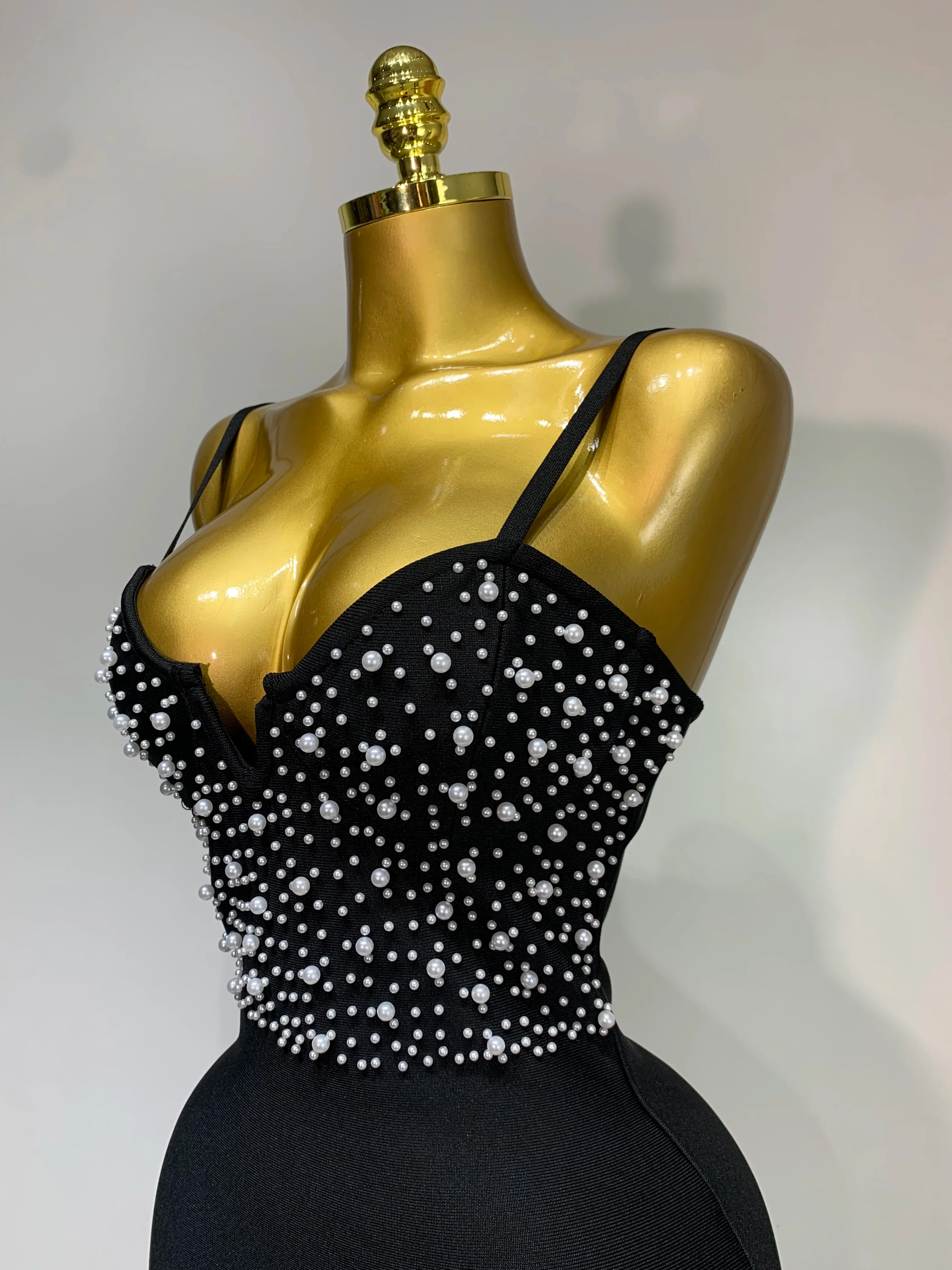 Women Sexy V-neck Elegant Pearl Bodycon Bandage Dress Celebrity Evening Prom Club Luxury Birthday Party Nightclub Dresses - Image 5