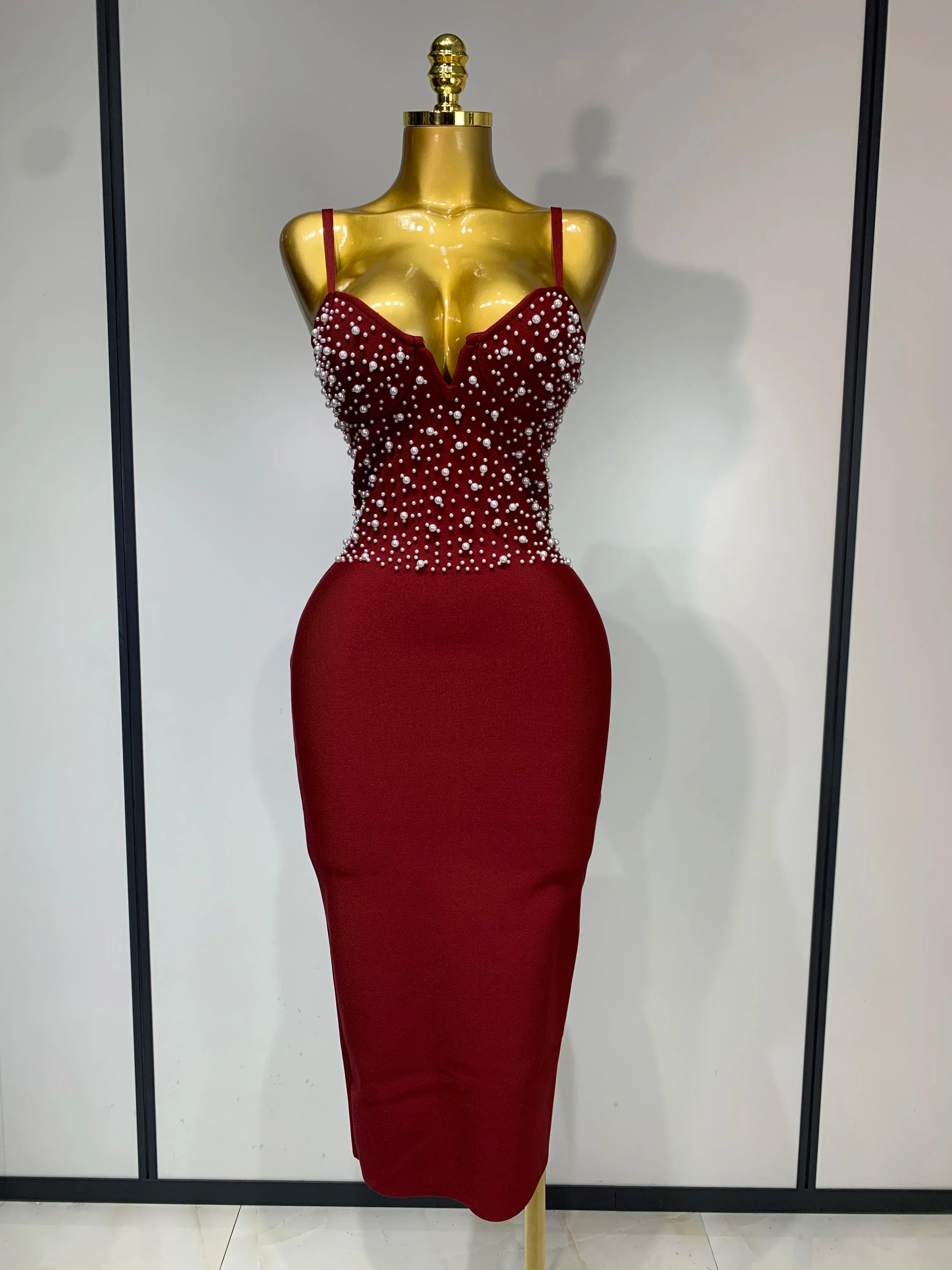 Women Sexy V-neck Elegant Pearl Bodycon Bandage Dress Celebrity Evening Prom Club Luxury Birthday Party Nightclub Dresses - Image 7