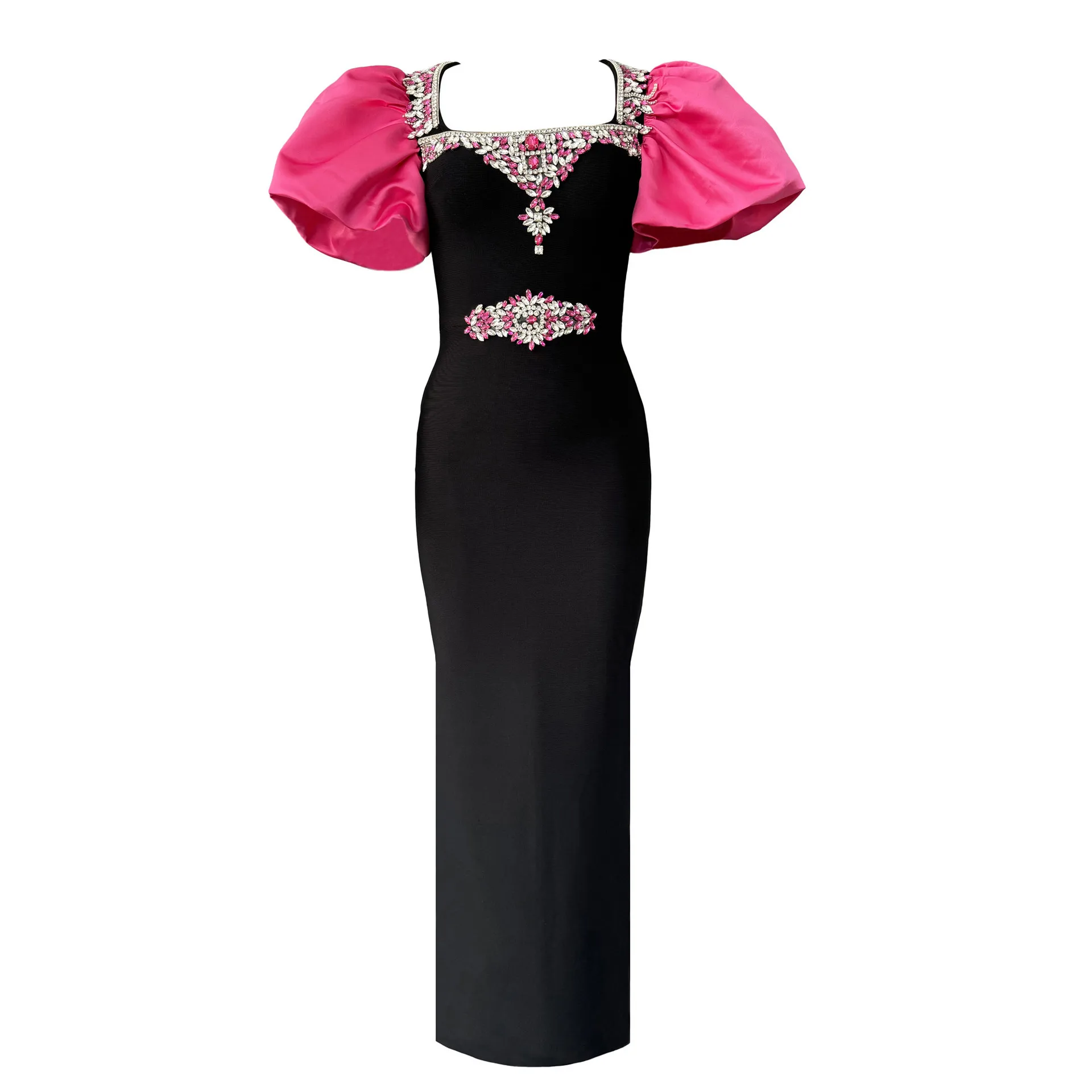 Women Short Puff Sleeve Sexy Square Collar Shinning Crystal Bodycon Long Bandage Dress Celebrate Evening Party Birthday Outfit - Image 3