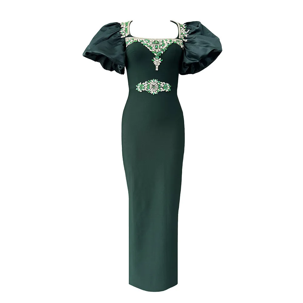 Women Short Puff Sleeve Sexy Square Collar Shinning Crystal Bodycon Long Bandage Dress Celebrate Evening Party Birthday Outfit - Image 4