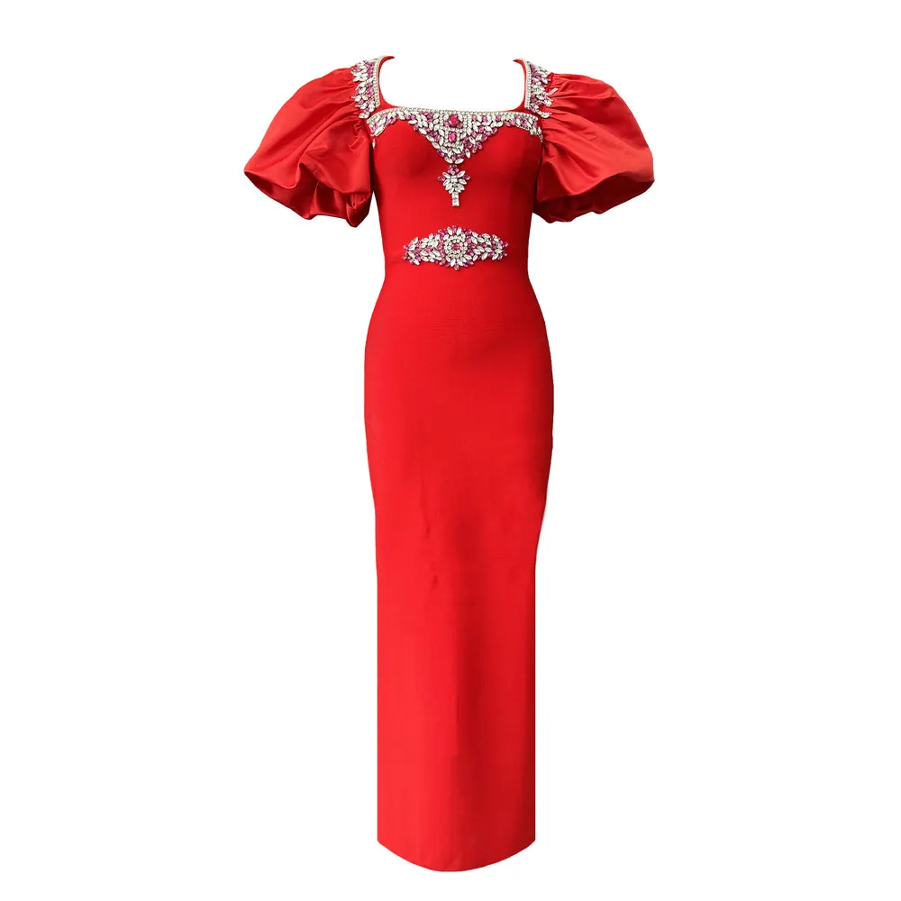 Women Short Puff Sleeve Sexy Square Collar Shinning Crystal Bodycon Long Bandage Dress Celebrate Evening Party Birthday Outfit - Image 5