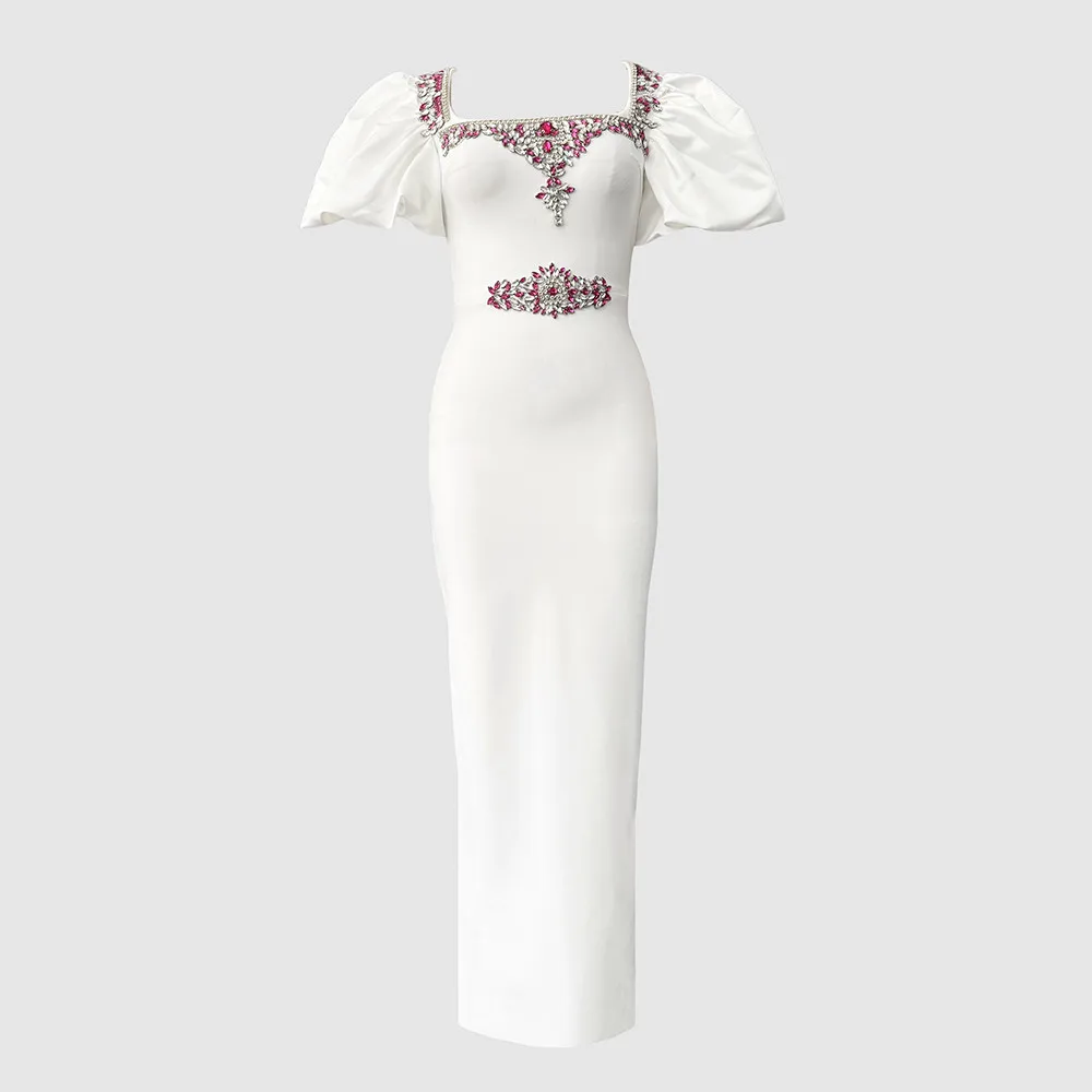 Women Short Puff Sleeve Sexy Square Collar Shinning Crystal Bodycon Long Bandage Dress Celebrate Evening Party Birthday Outfit - Image 6