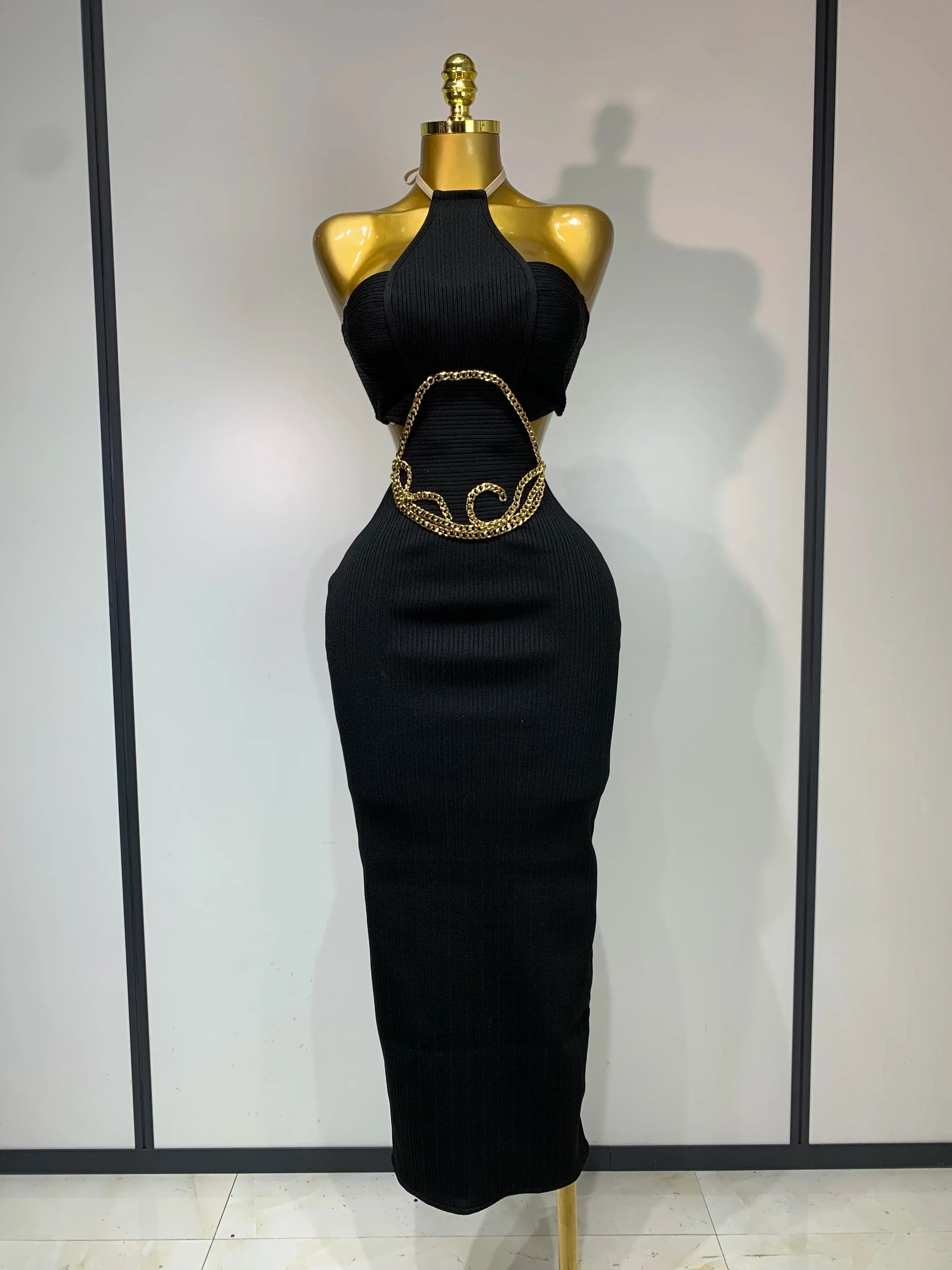 Women Sleeveless Sexy Halter Hollow Out Black Bodycon Long Bandage Dress Celebrity Elegant Party Luxury Birthday Club Dress