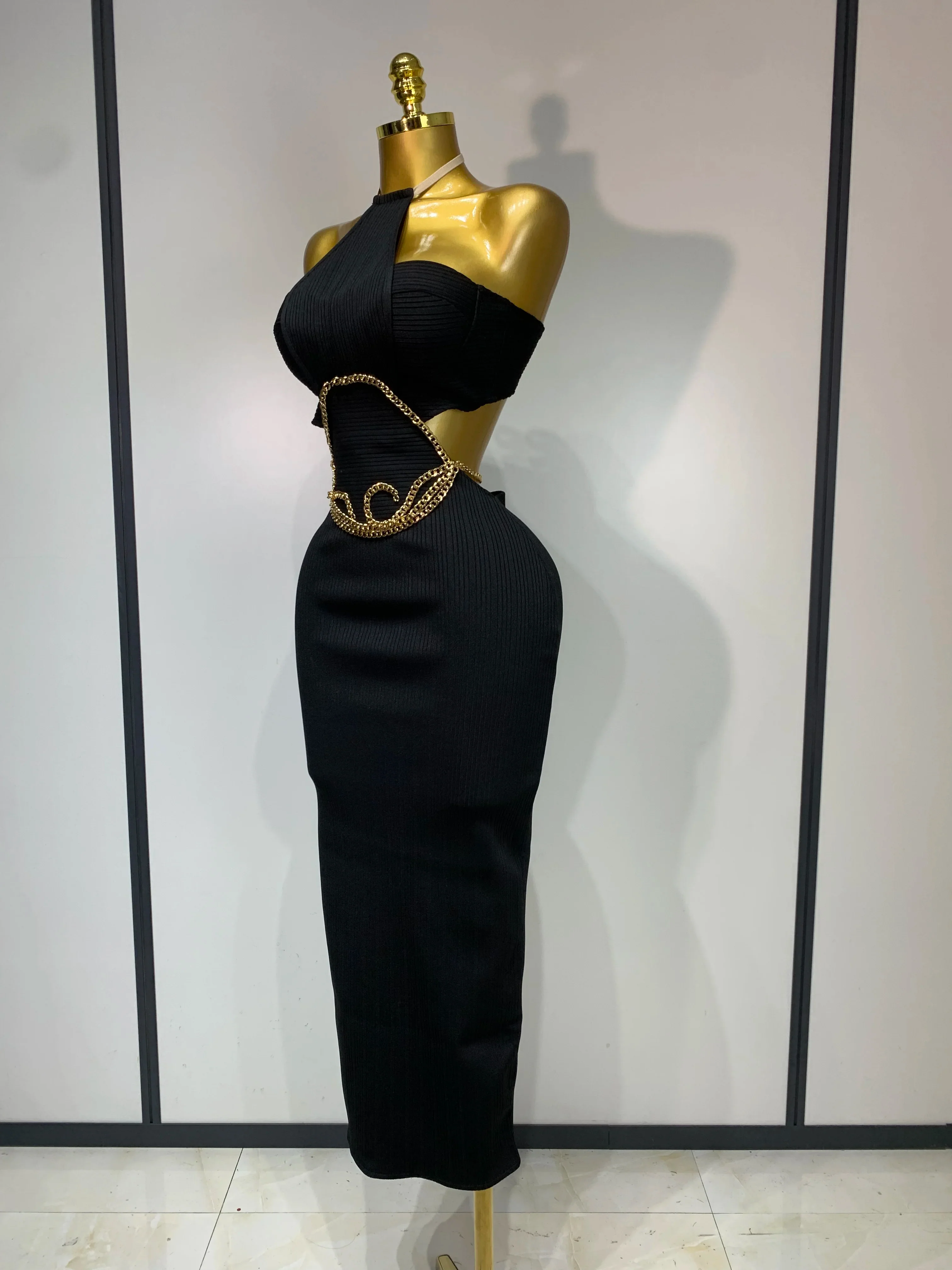 Women Sleeveless Sexy Halter Hollow Out Black Bodycon Long Bandage Dress Celebrity Elegant Party Luxury Birthday Club Dress - Image 2