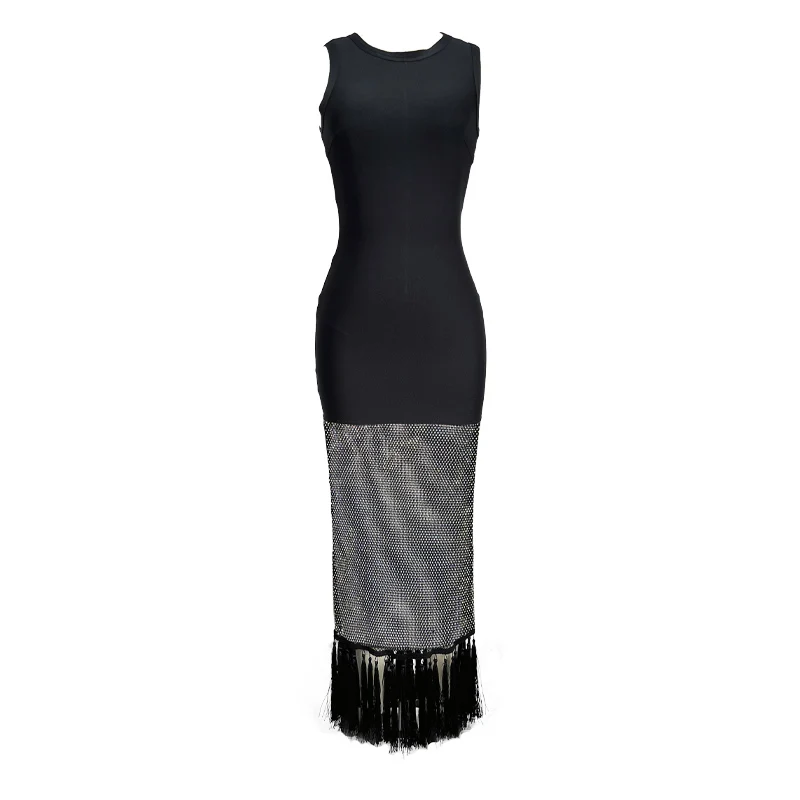 Women Sleeveless Sexy Shinning Rhinestones Tassels Bodycon Long Bandage Dress Nightclub Party Bar Singer Celebrate Stage Wear - Image 3