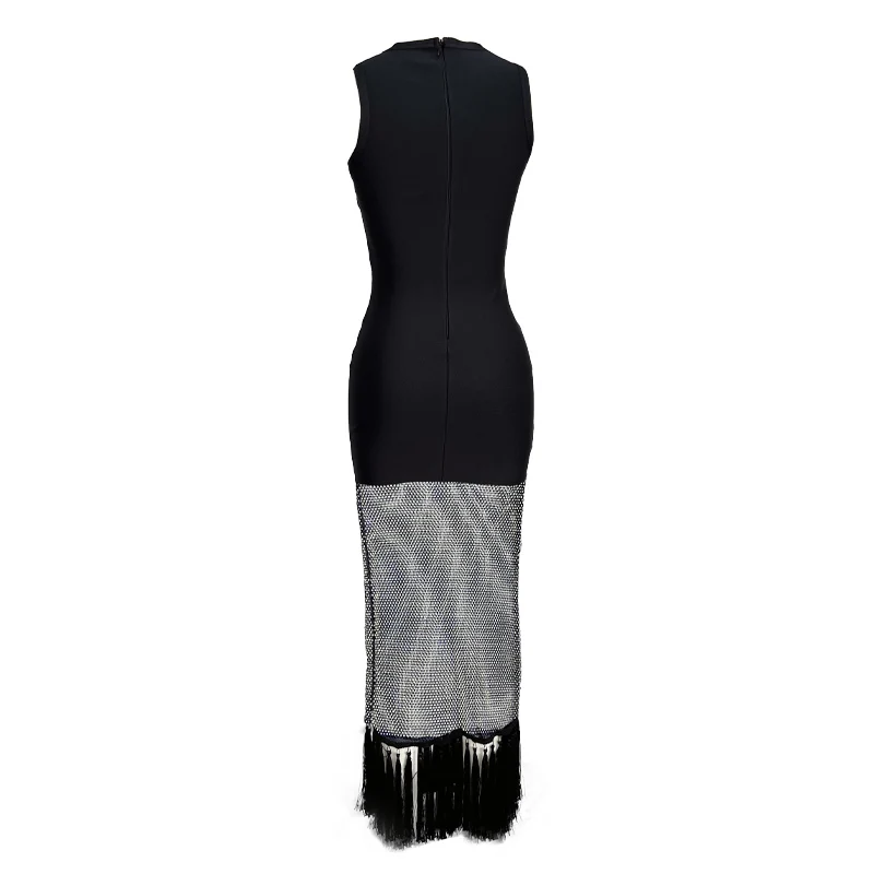 Women Sleeveless Sexy Shinning Rhinestones Tassels Bodycon Long Bandage Dress Nightclub Party Bar Singer Celebrate Stage Wear - Image 4