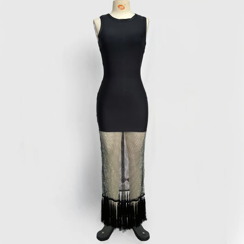 Women Sleeveless Sexy Shinning Rhinestones Tassels Bodycon Long Bandage Dress Nightclub Party Bar Singer Celebrate Stage Wear - Image 5